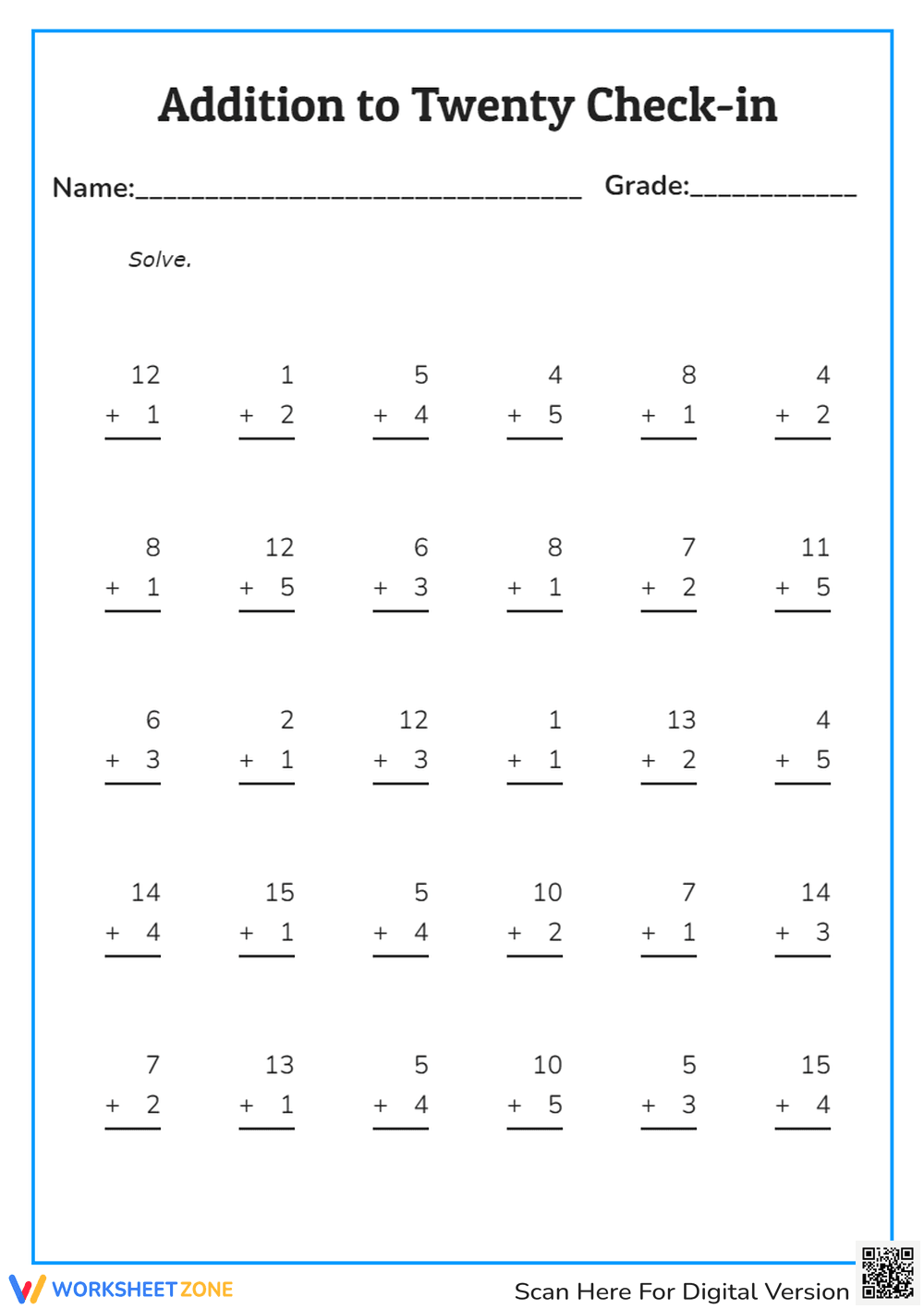 Addition to 20 Practice - Kindergarten & 1st Grade Math Worksheet - Page 1