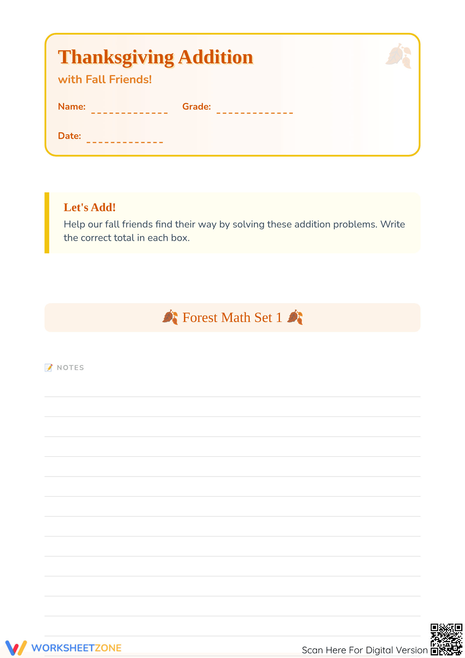 Grade 1 Thanksgiving Addition — Printable No-Prep Worksheet - Page 1
