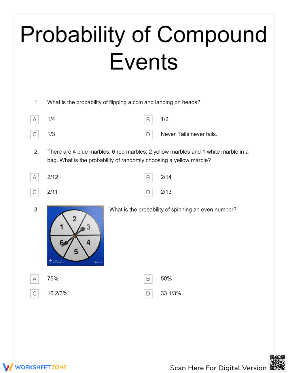 Probability of Compound Events Quiz Worksheet - Page 1