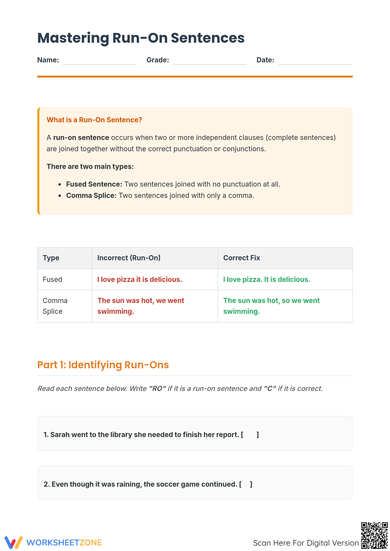 Printable Run-On Sentence Practice | Grade 5 and 6 ELA - Page 1