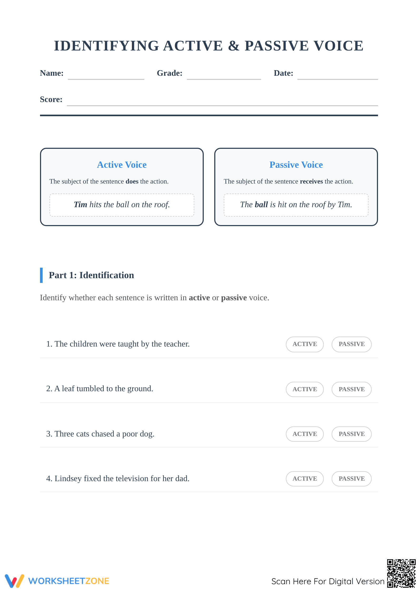 Active and Passive Voice Printable Worksheet | Grade 8 - Page 1