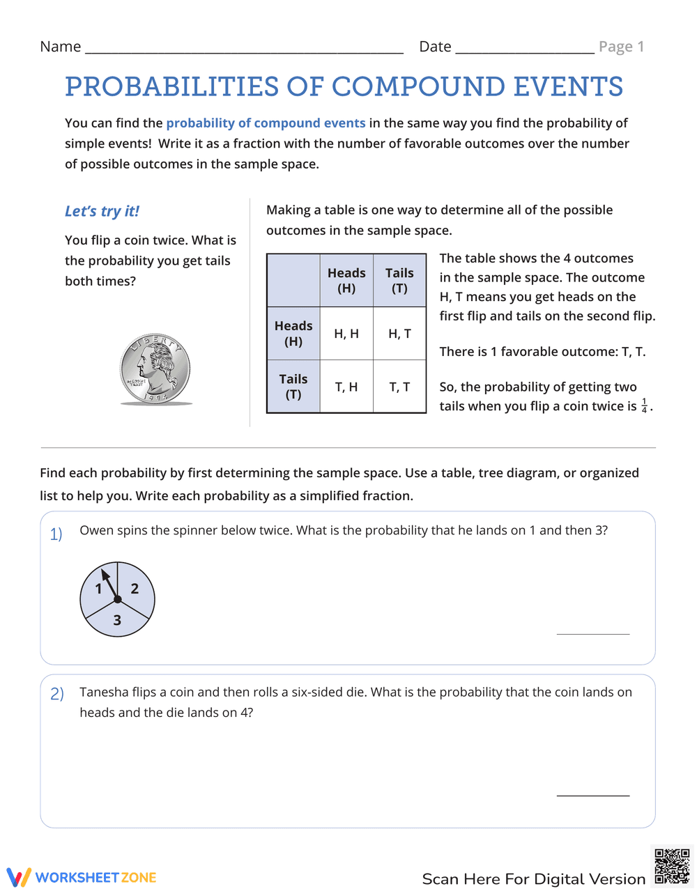 Probabilities of Compound Events Practice - Page 1