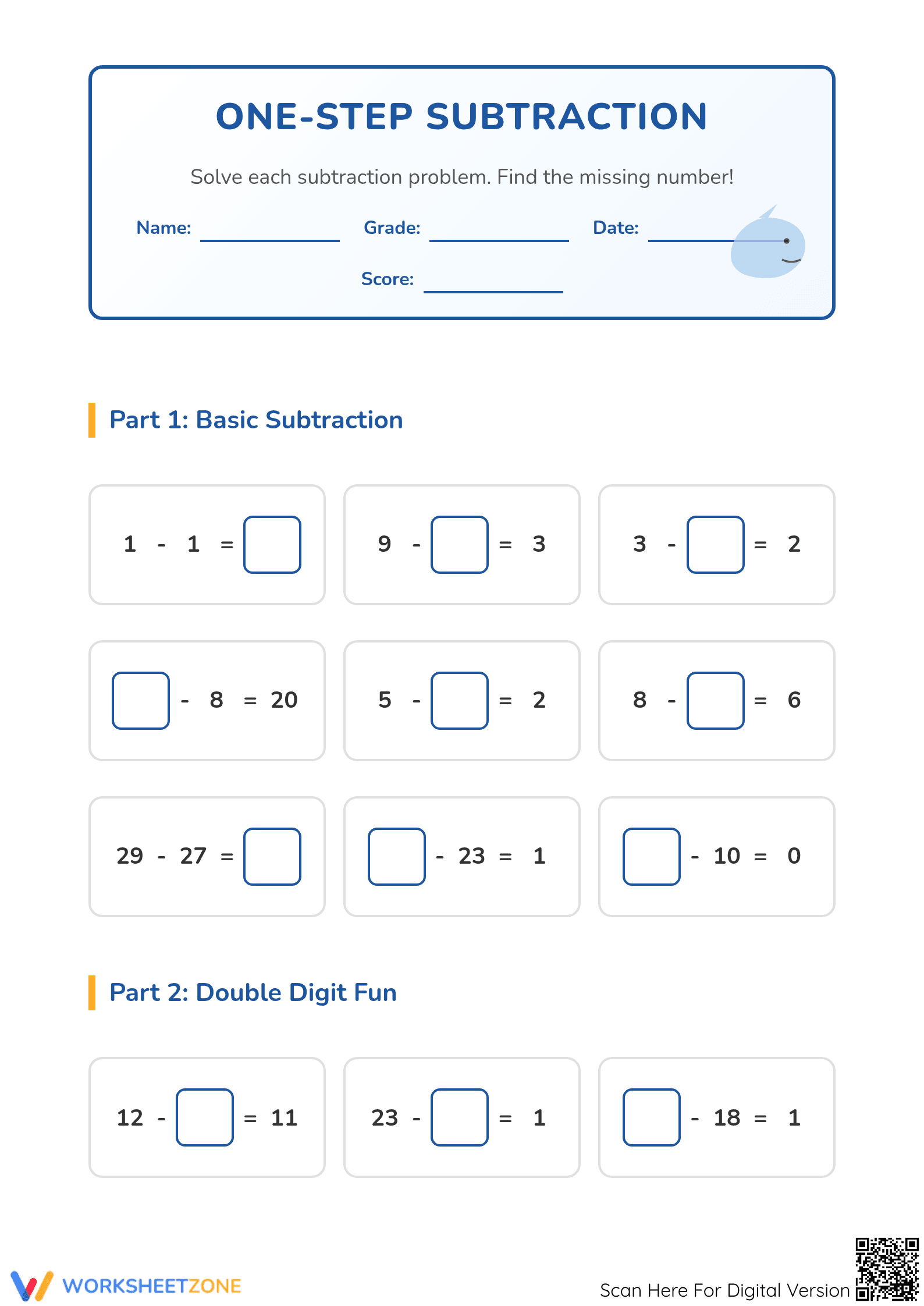 Grade 3 One-Step Subtraction — Essential Printable Worksheet - Page 1