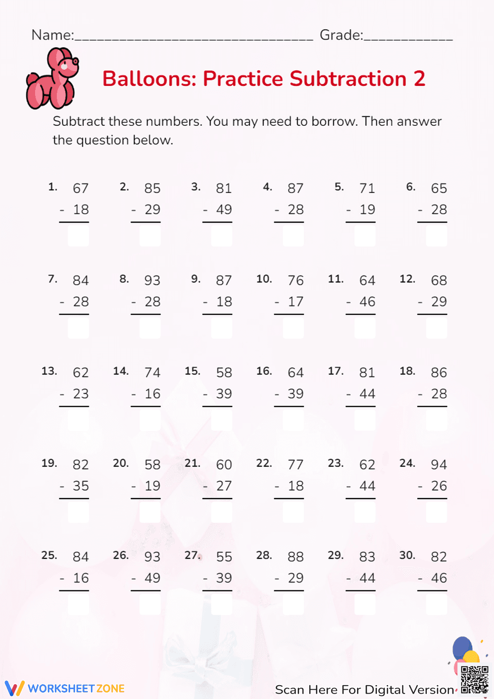Two-Digit Subtraction Without Borrowing - Page 1
