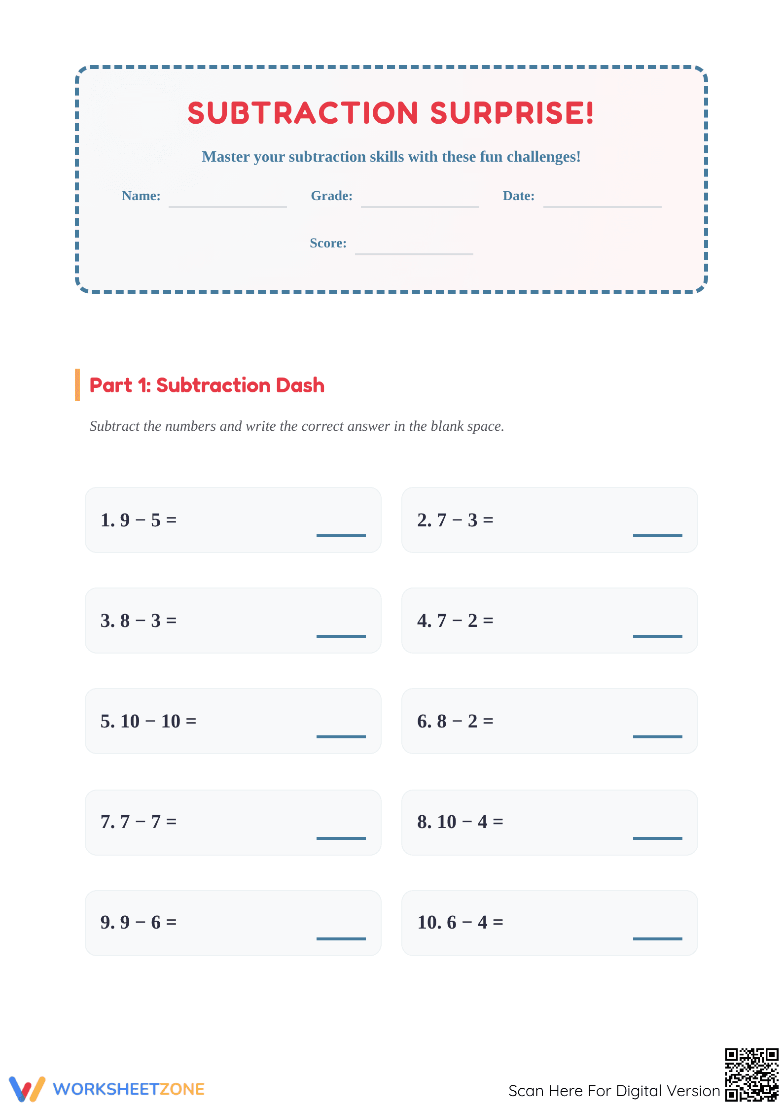 Printable Subtraction Within 10 Worksheet | Grade 1 Ready - Page 1