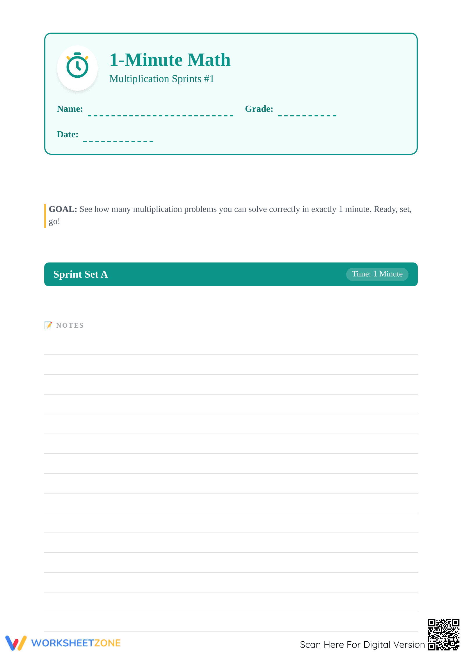 Essential 1-Minute Multiplication Worksheet | Grade 3 Math - Page 1