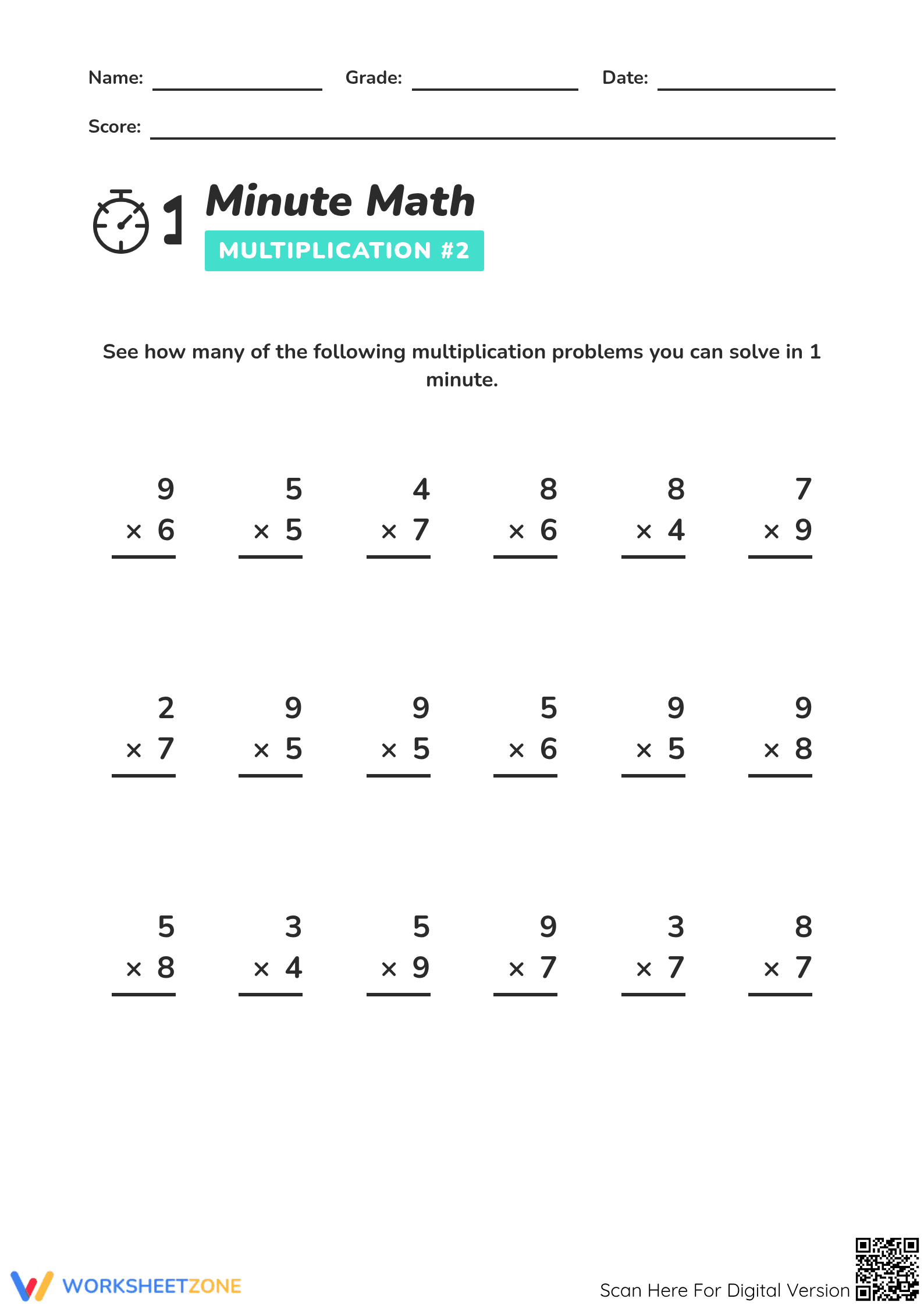 Grade 3 Multiplication Facts: Essential 1-Minute Drill - Page 1