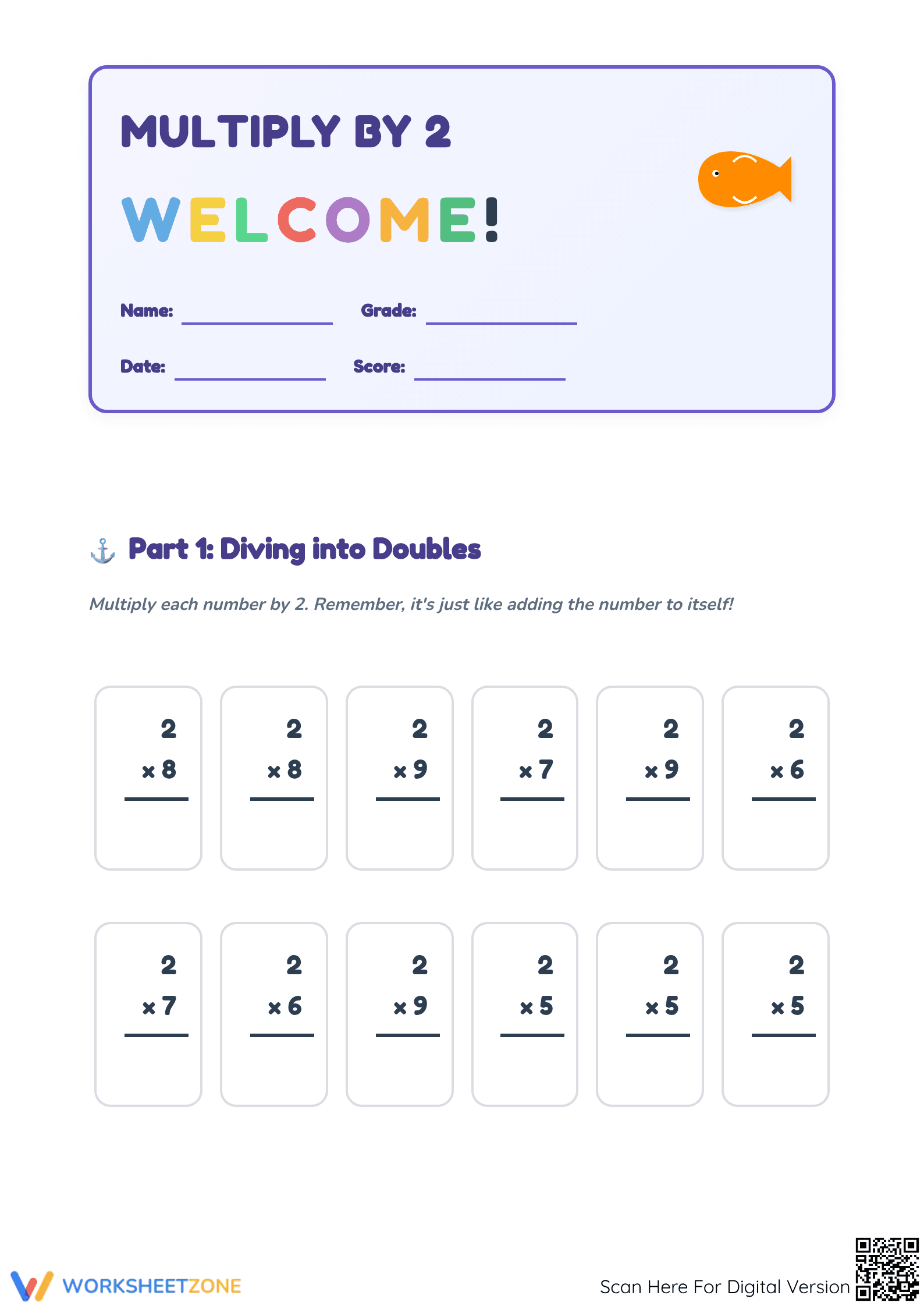 Printable Multiply By 2 Worksheet | Grade 3-4 Math - Page 1