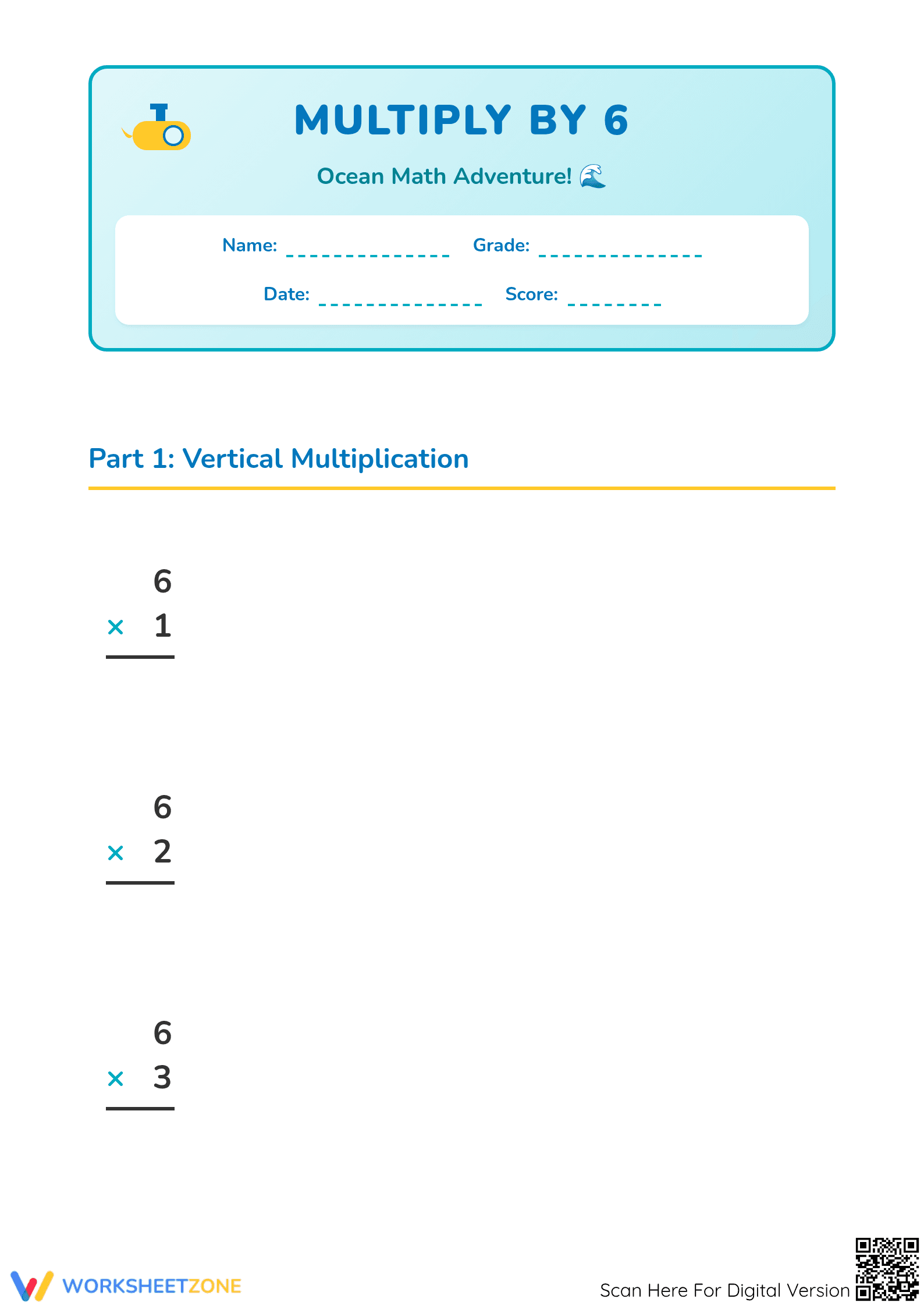 Printable Multiply by 6 Worksheet | Grade 3 Math - Page 1
