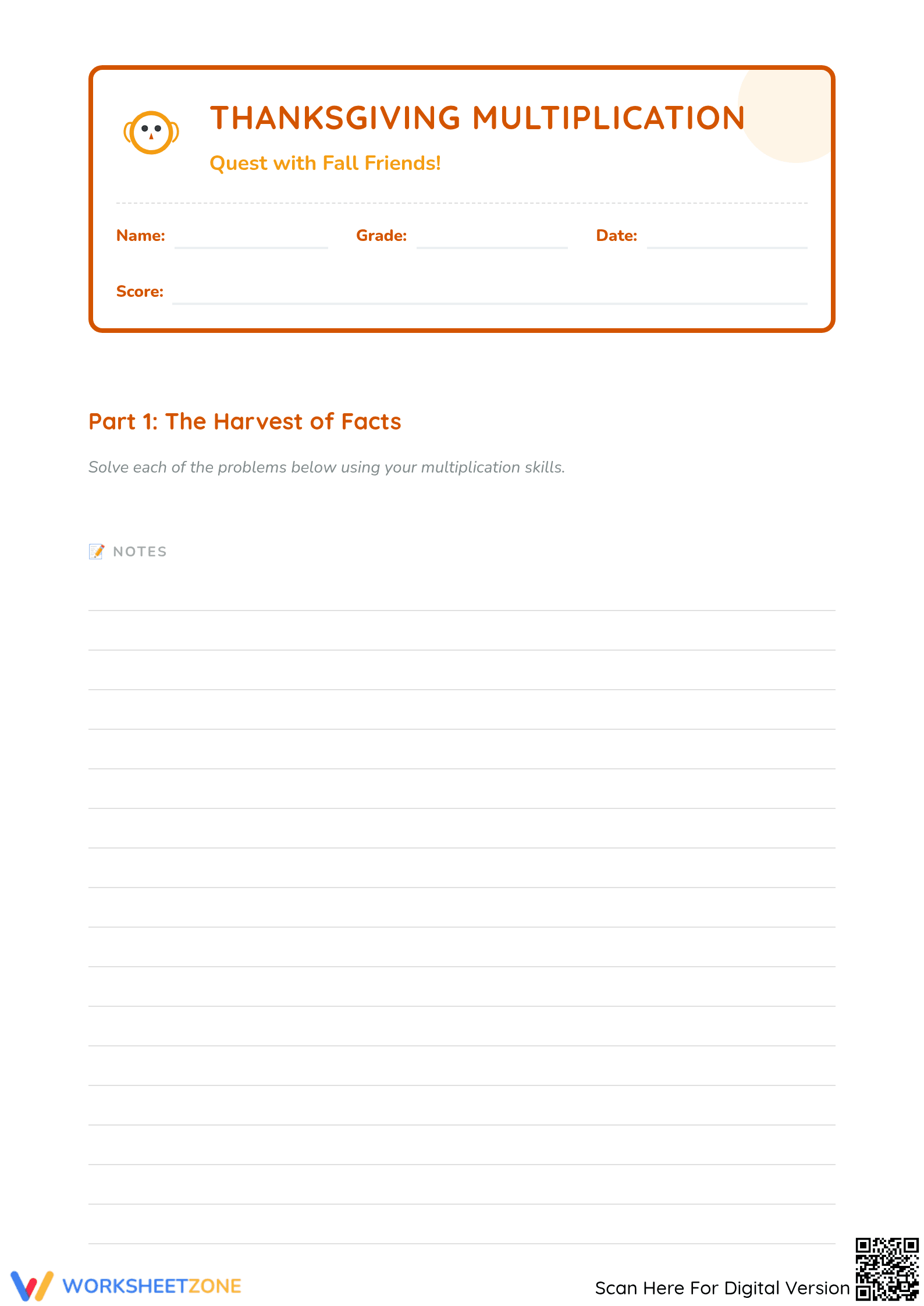 Printable Thanksgiving Multiplication Worksheet | Grade 3-4 - Page 1