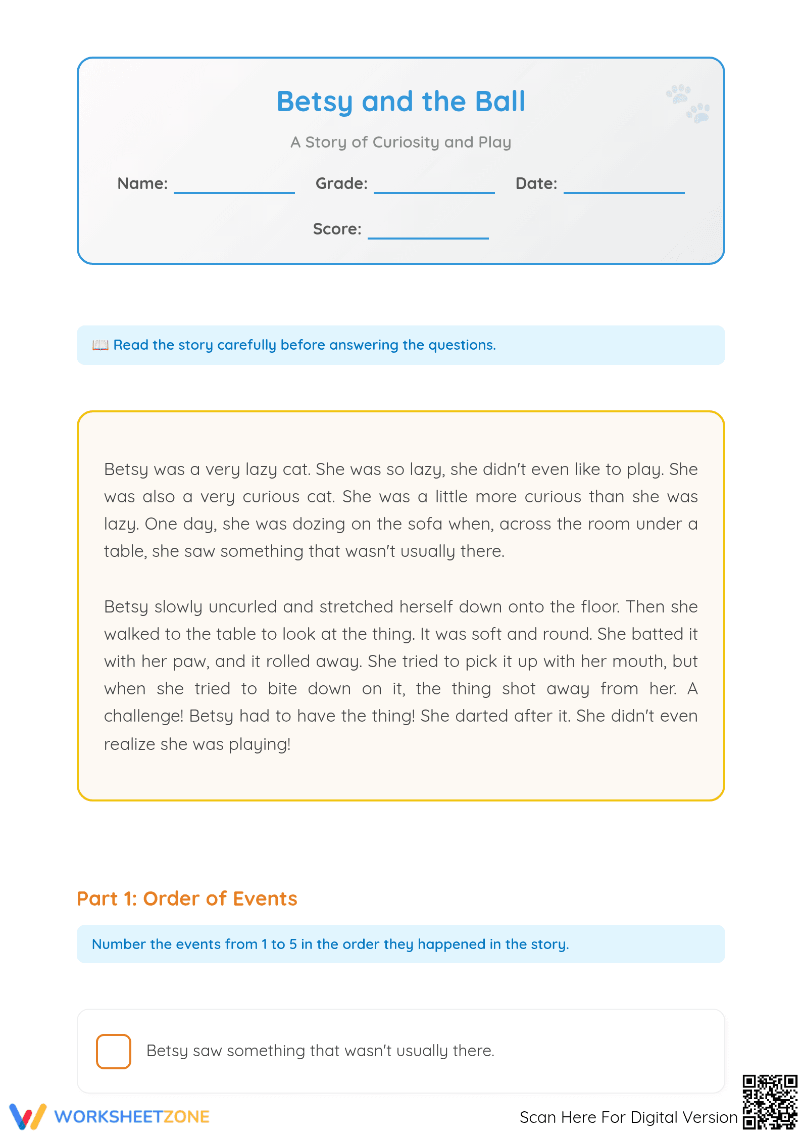Betsy and the Ball: A Story Comprehension Worksheet - Page 1