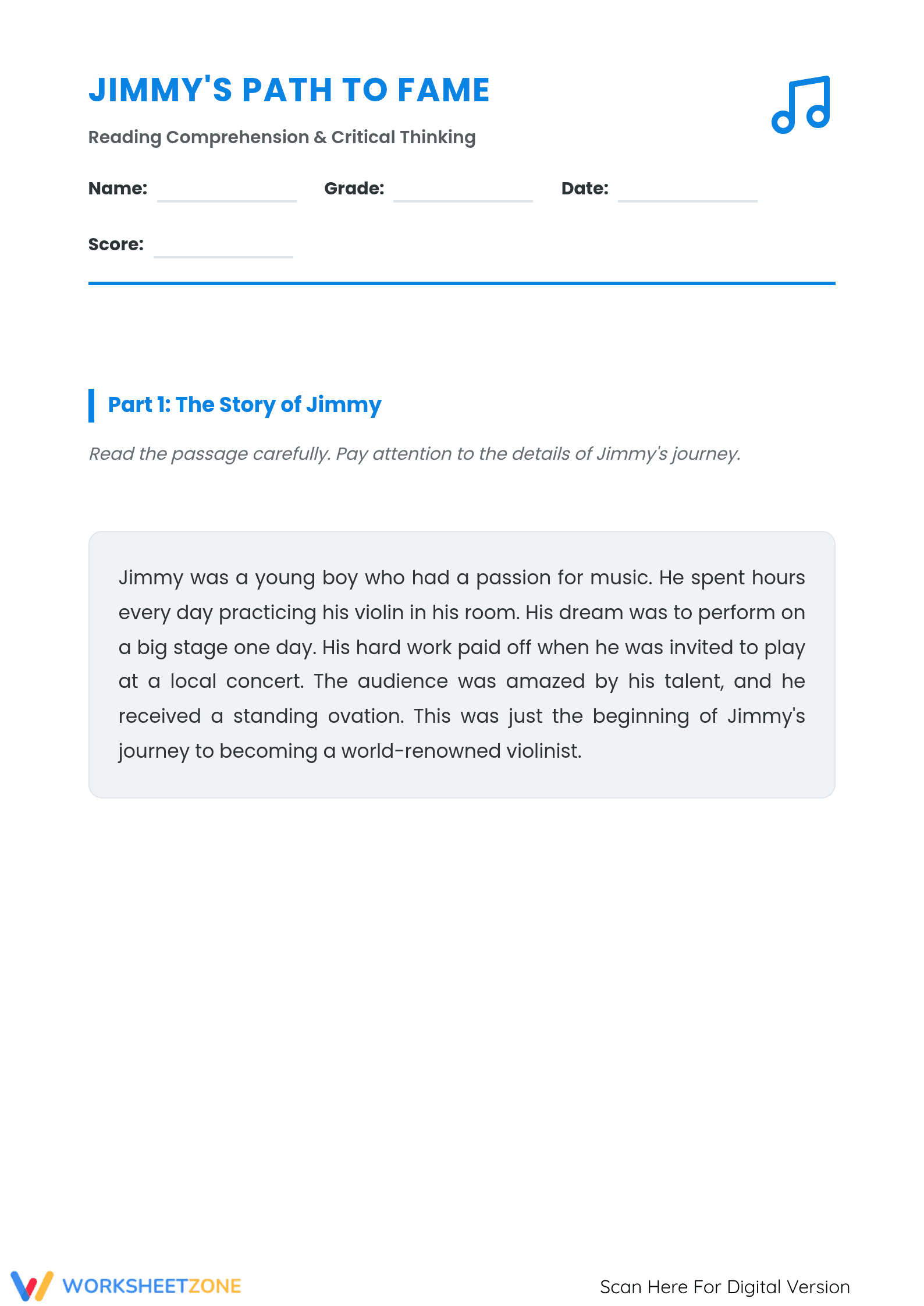 Jimmy's Path to Fame: A Story Analysis Worksheet - Page 1