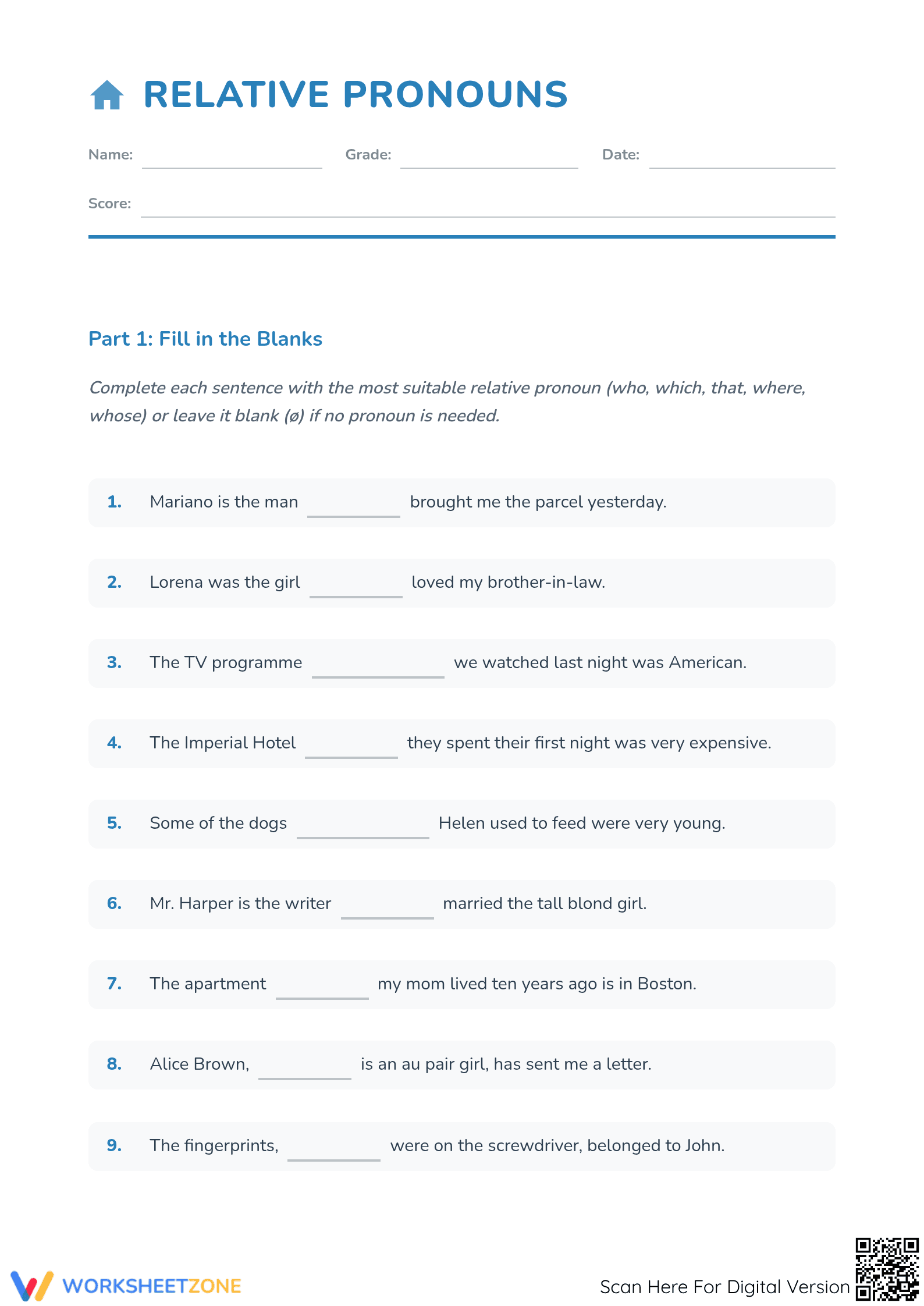 Relative Pronouns Printable Worksheet | Grade 4 ELA - Page 1