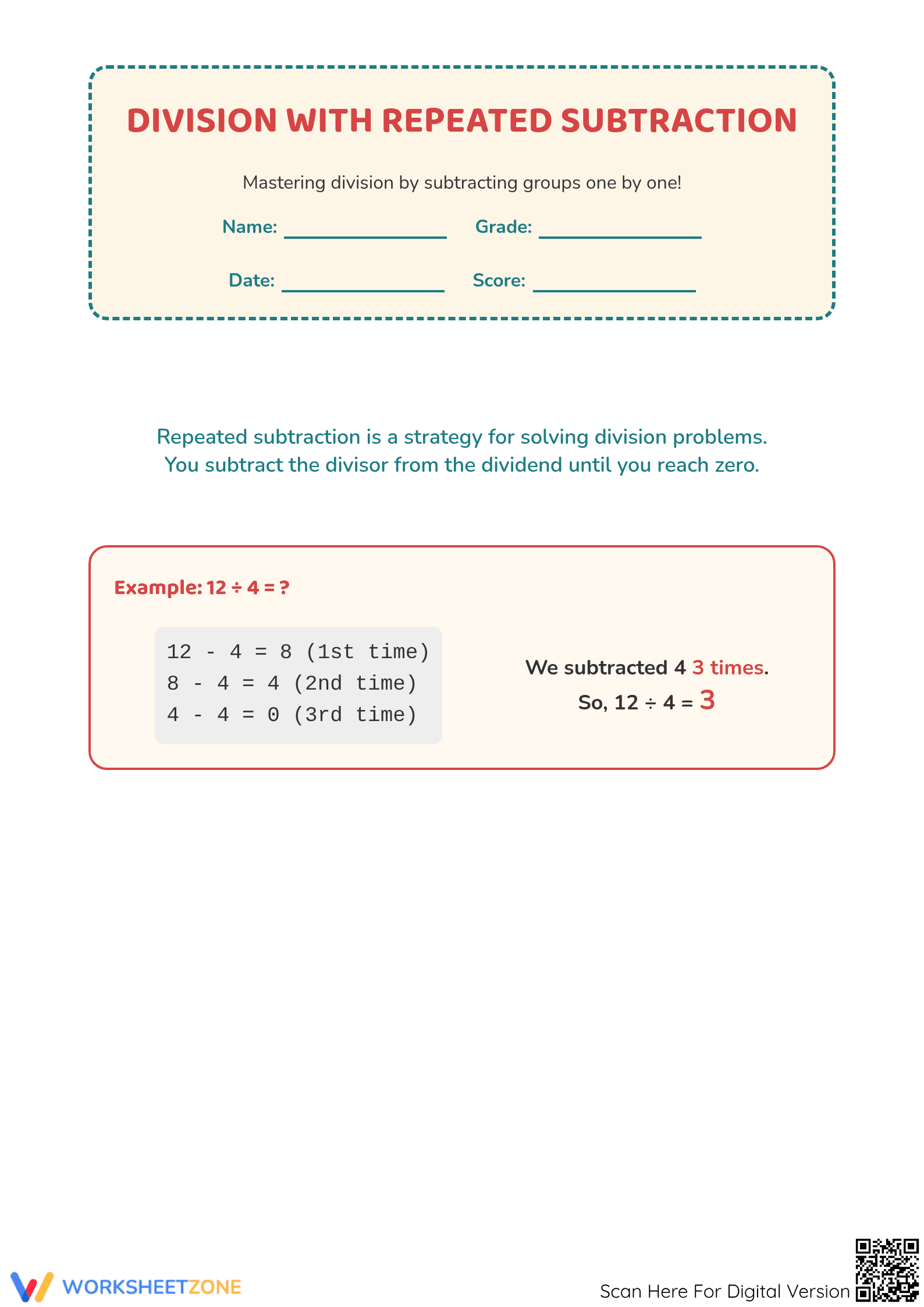 Printable Repeated Subtraction Division Activity | Grade 3-4 - Page 1