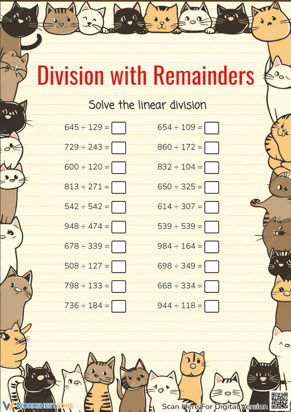 Division with Remainders Skills Worksheet - Page 1