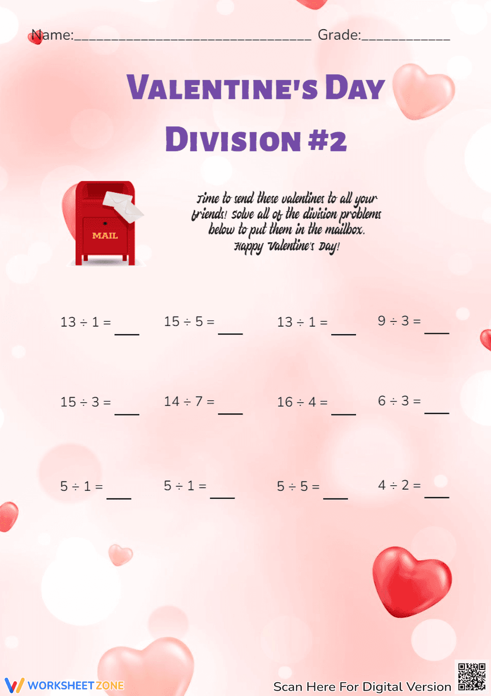 Valentines Day Division Worksheet - Page 1