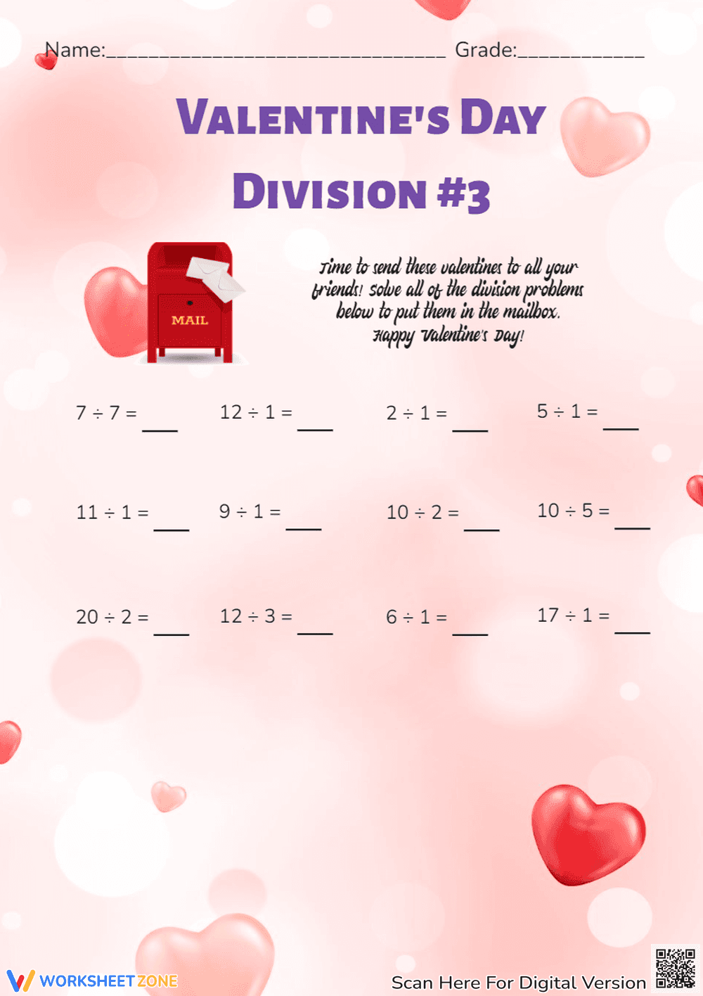 Grade 3 Valentine's Day Division — Printable Worksheet - Page 1