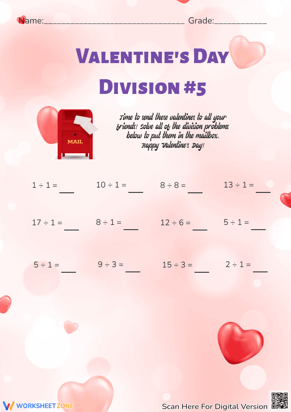 Fun Valentine's Day Division Practice Worksheet - Page 1