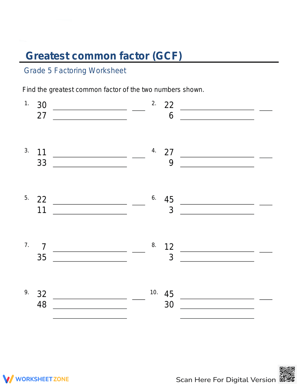 Greatest Common Factor Worksheet - Page 1