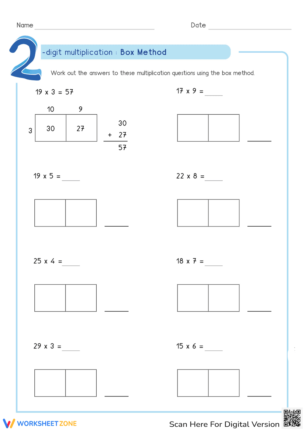 2-Digit Multiplication Using Box Method - Page 1