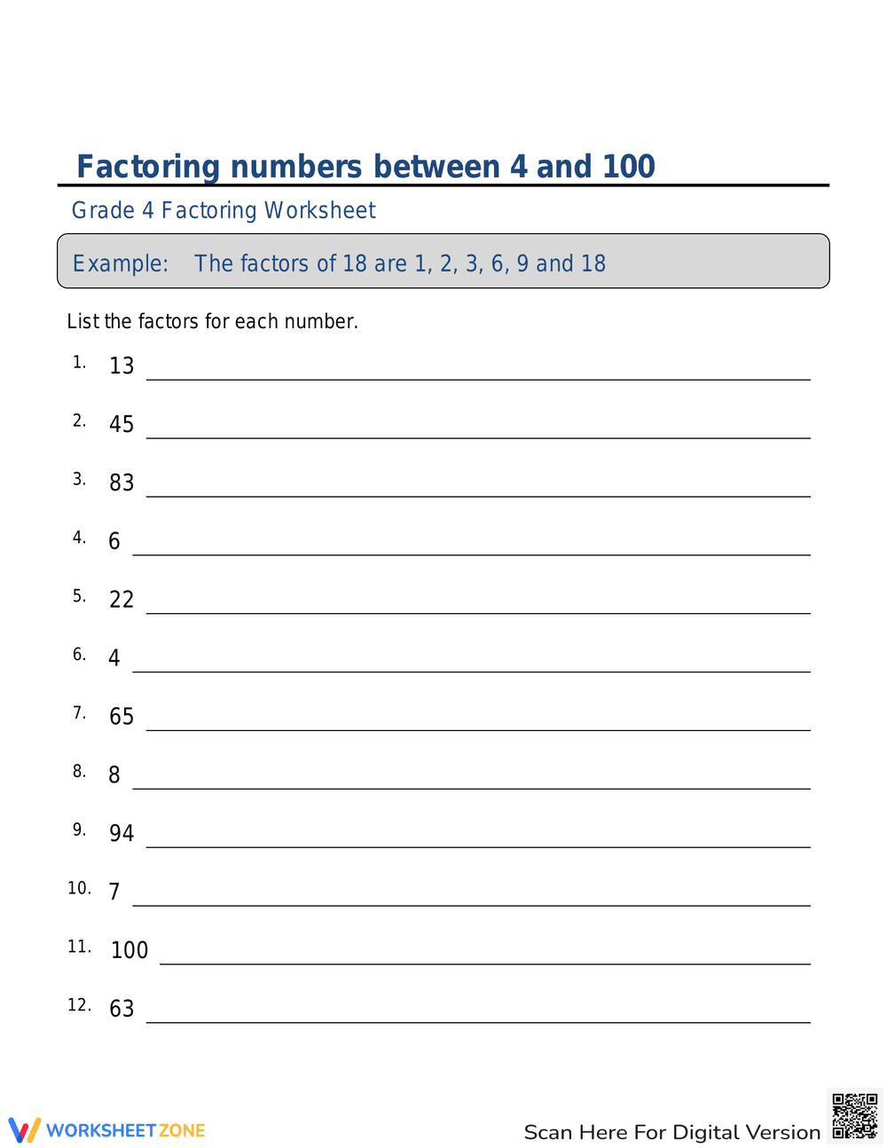 Factor Numbers Between 4 and 100 - Page 1