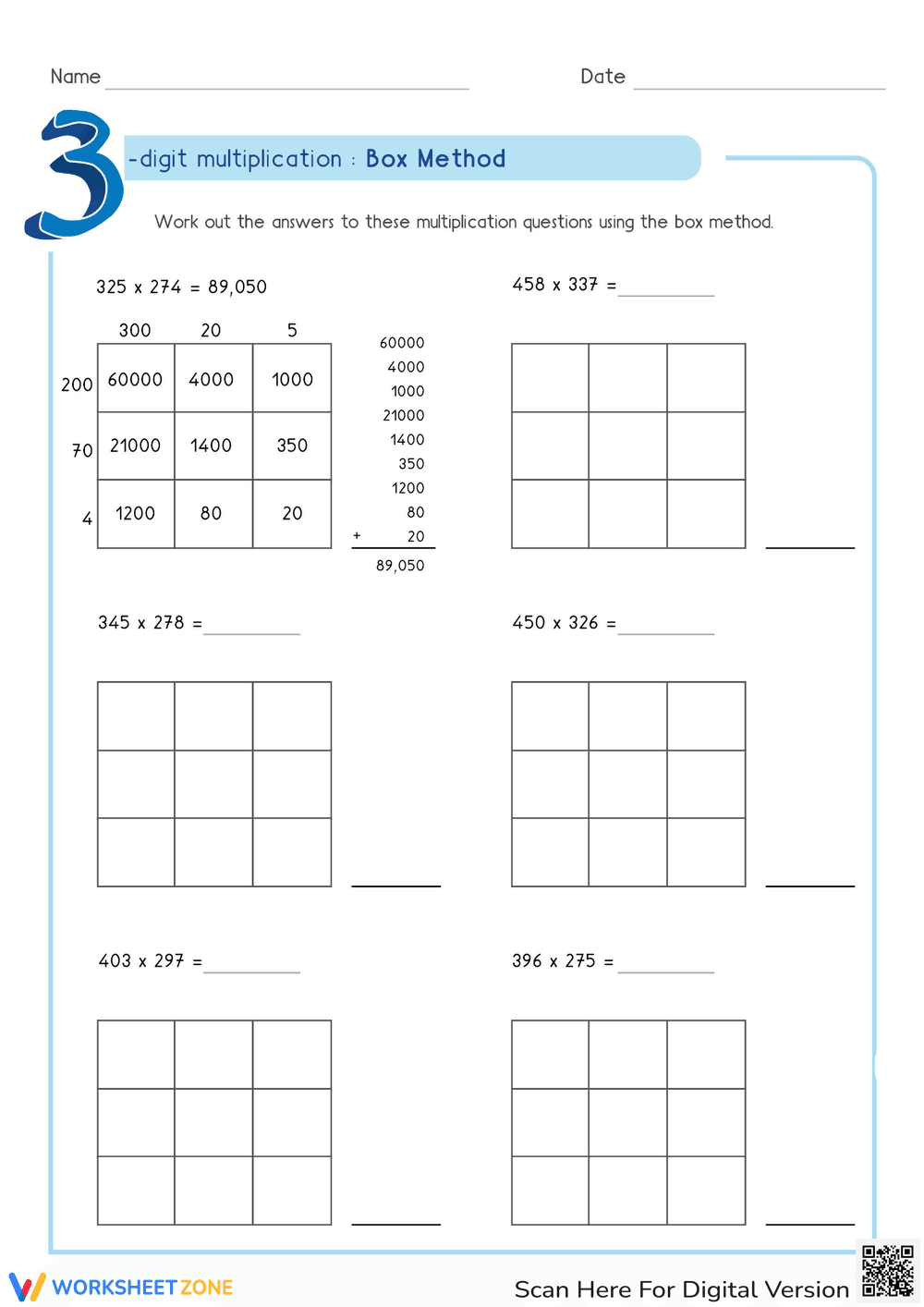 Practice 3-Digit Multiplication Using the Box Method - Page 1