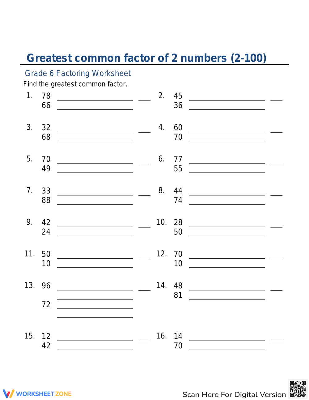Greatest Common Factor of 2 Numbers Practice - Page 1