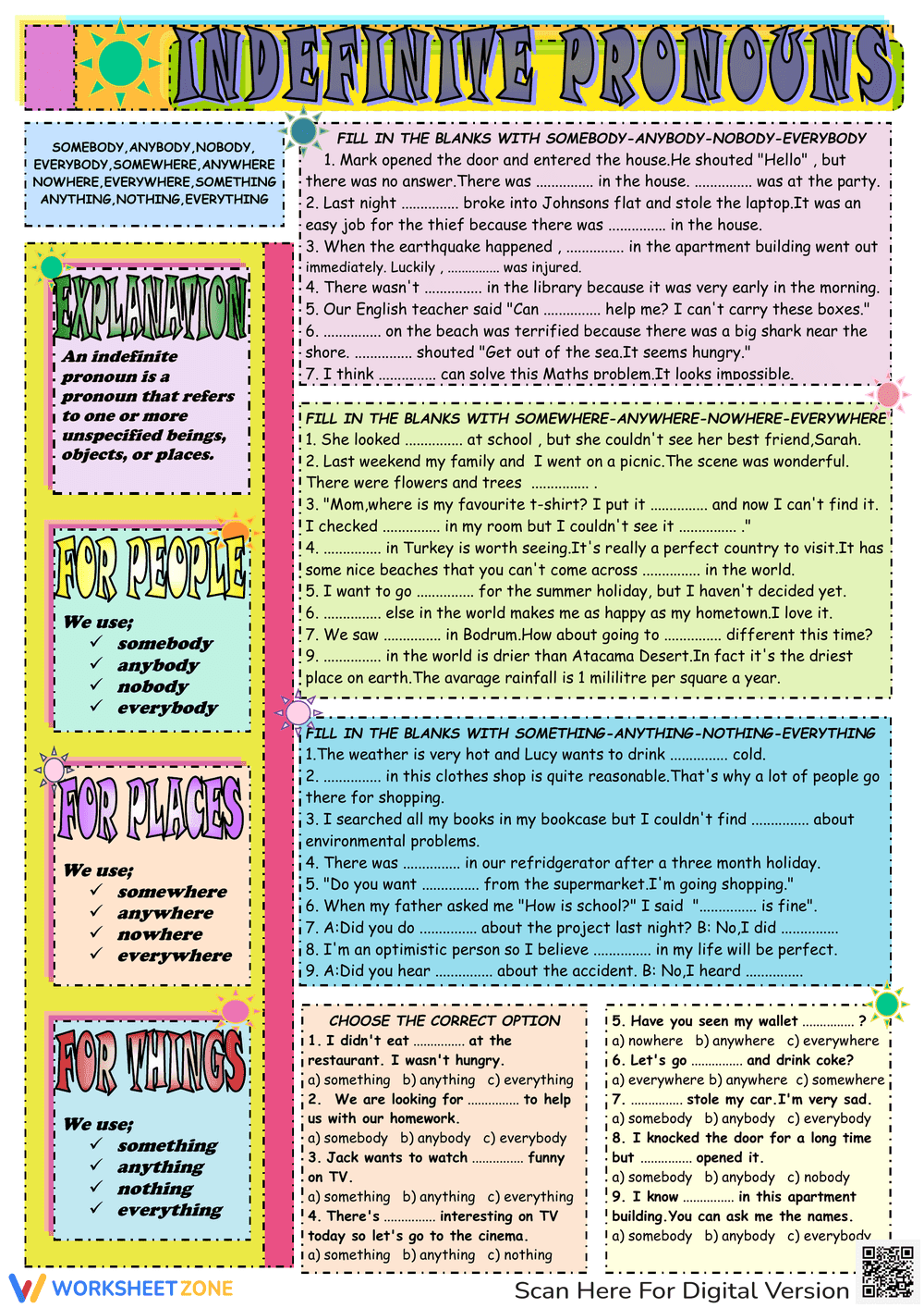 ESL Grammar Exercises: Indefinite Pronouns Worksheet - Page 1