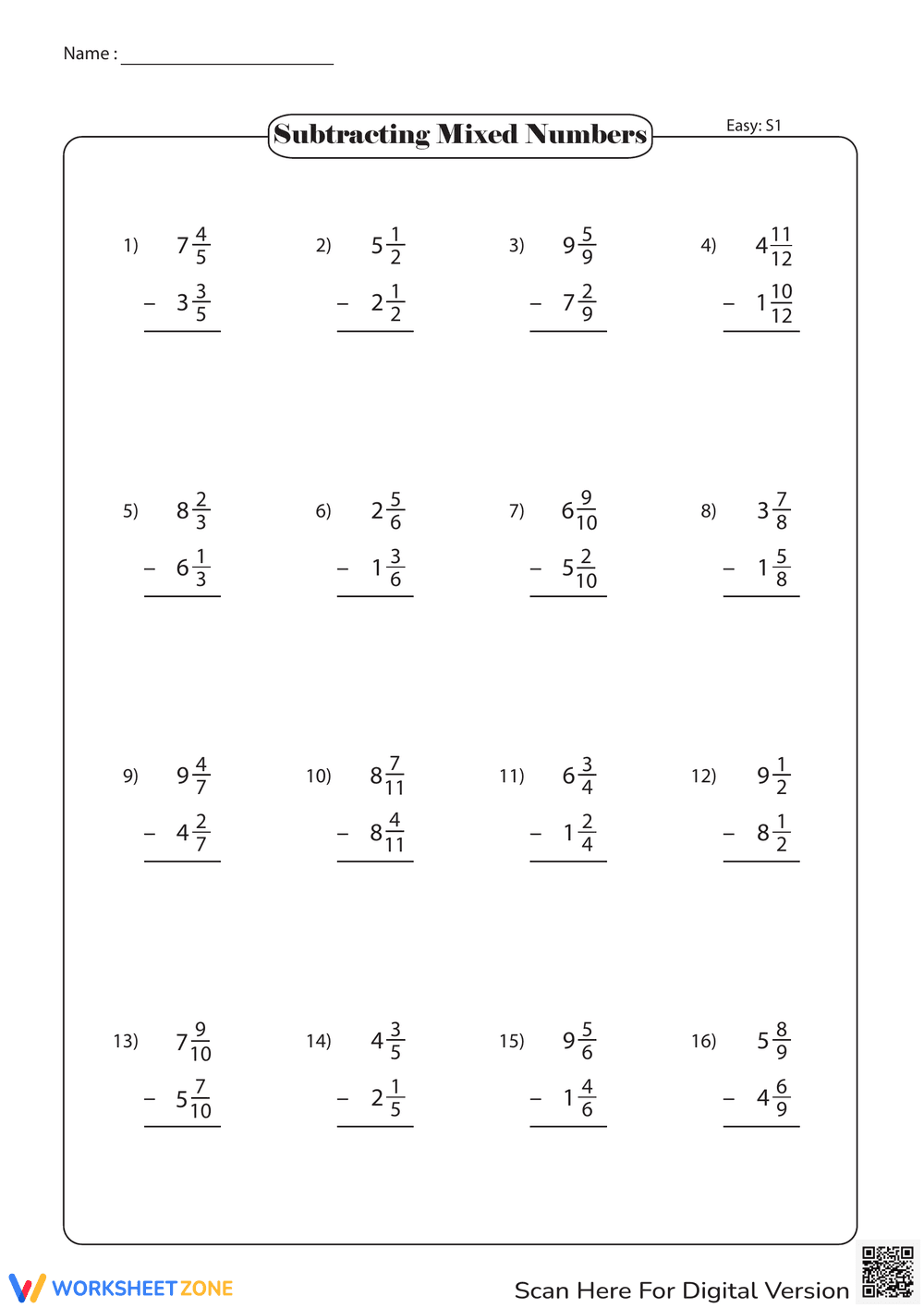 Subtracting Mixed Numbers With Like Denominators - Page 1