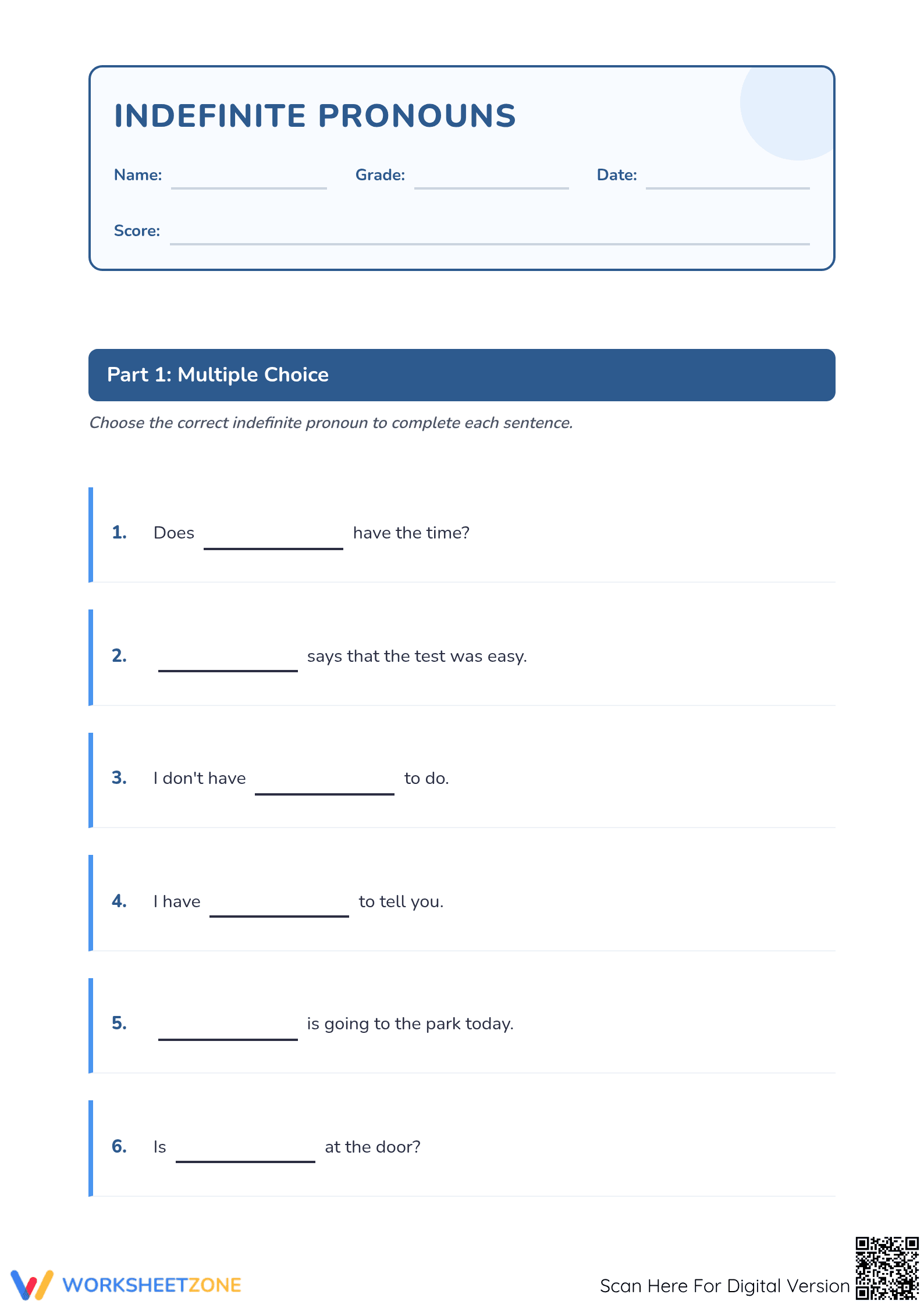 Indefinite Pronouns Worksheet | Grade 4 & 5 ELA Essential - Page 1