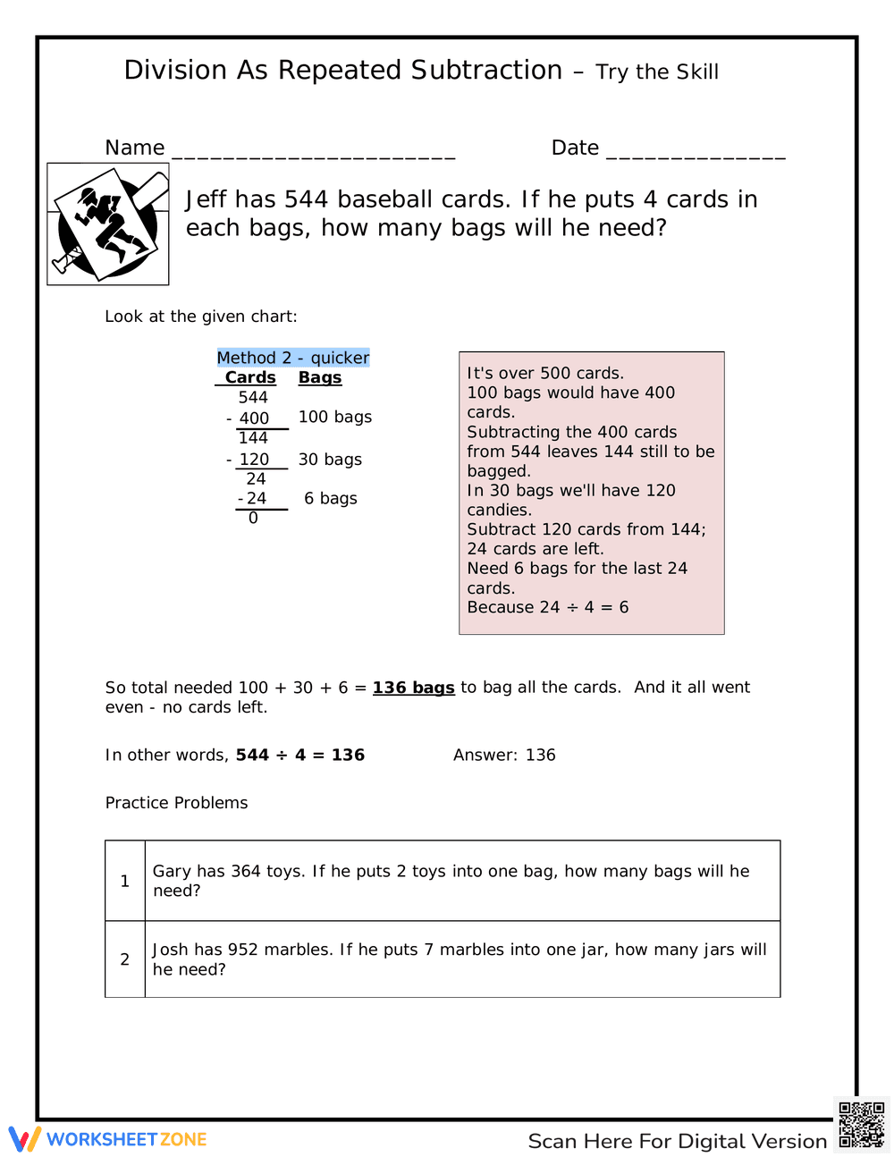 Division as Repeated Subtraction Practice - Page 1