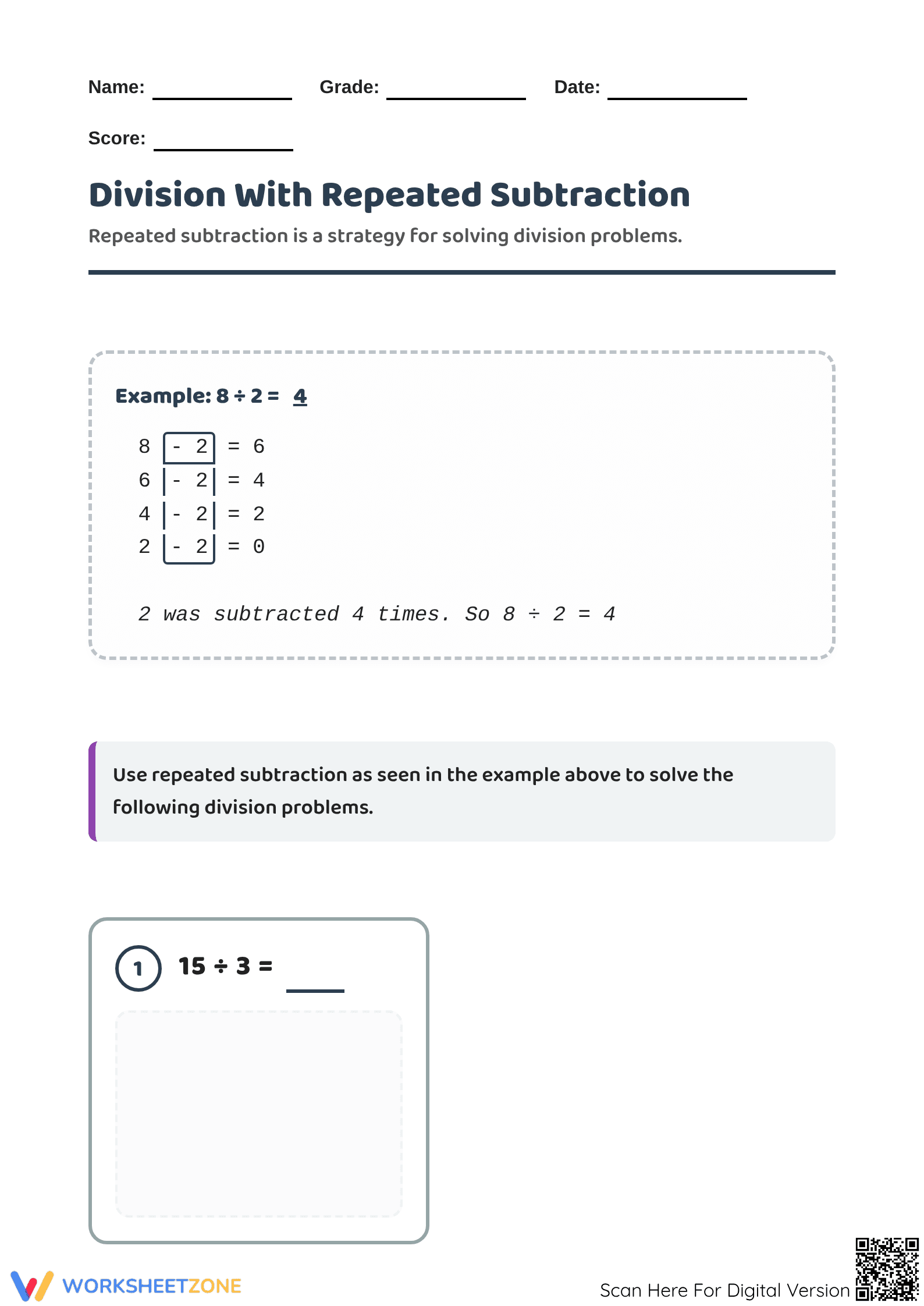 Printable Division with Repeated Subtraction | Grade 3 Math - Page 1