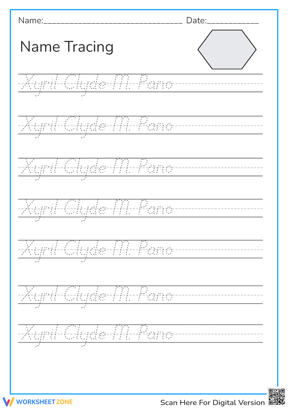 Xyril Clyde M. Pano - Name Tracing Practice Worksheet for Kids - Page 1