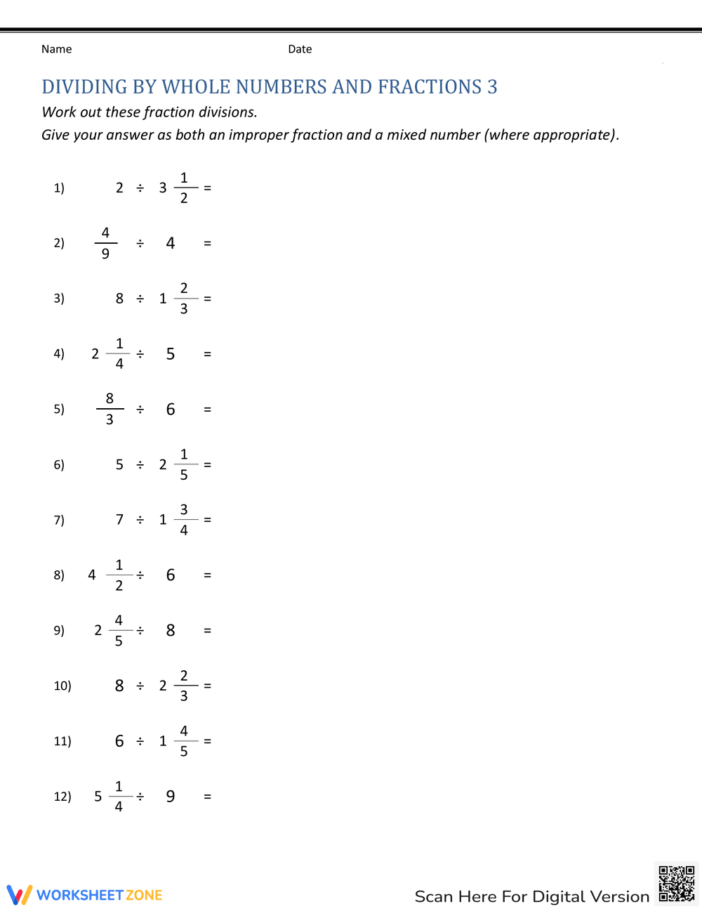 Worksheet on Dividing by Whole Numbers and Fractions - Page 1