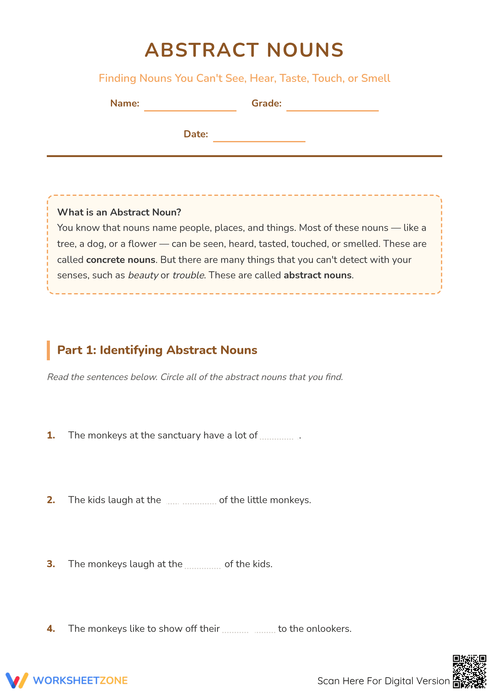 Abstract Nouns Printable Worksheet | Grade 3-4 ELA - Page 1