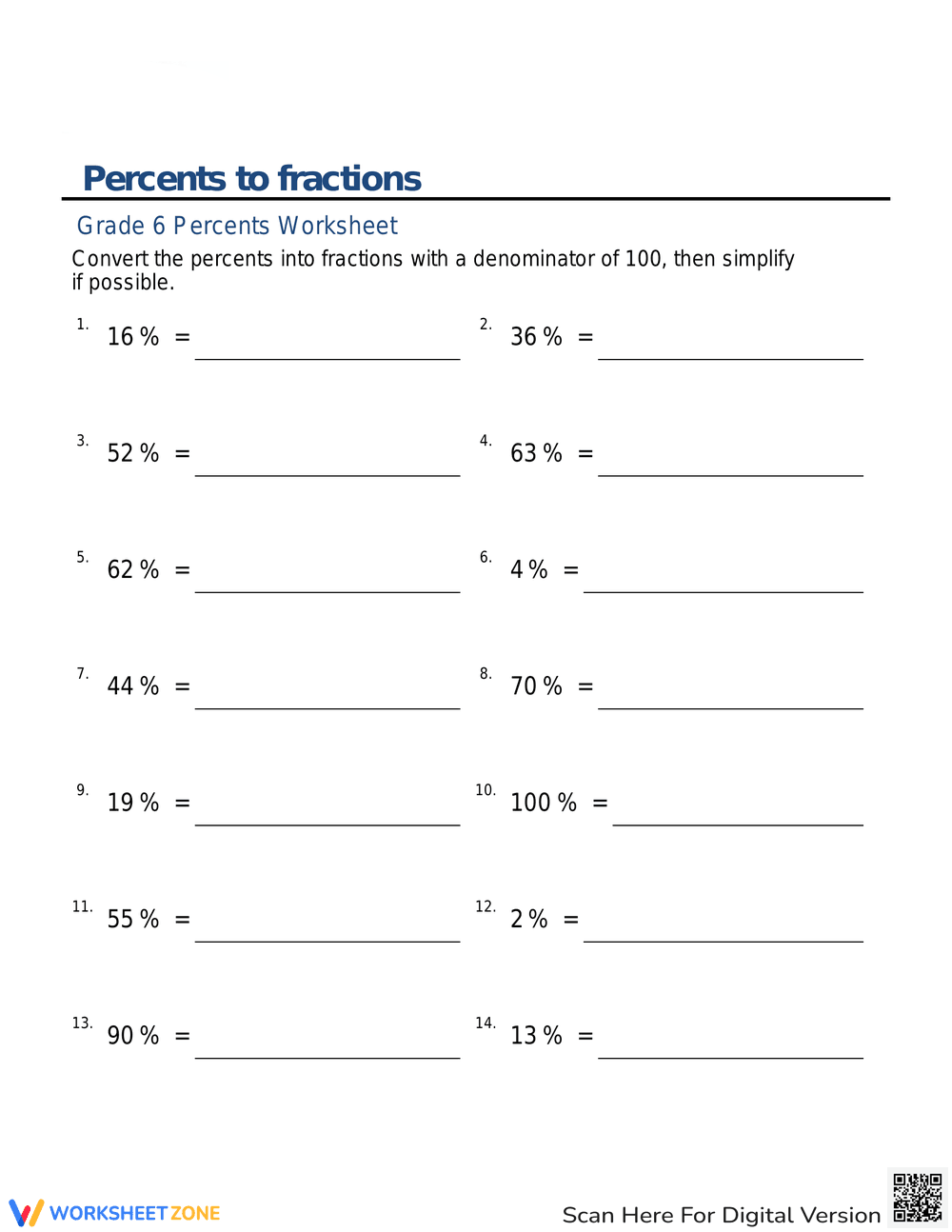 Converting Percents to Fractions Practice Worksheet - Page 1
