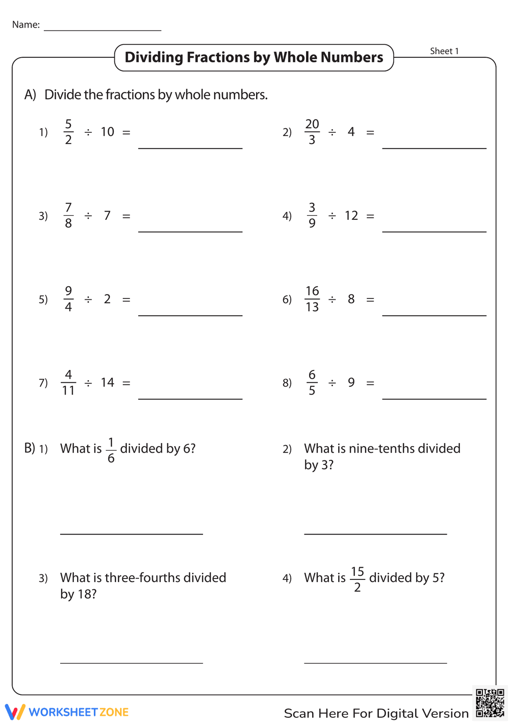 Dividing Fractions by Whole Numbers: Step-by-Step - Page 1