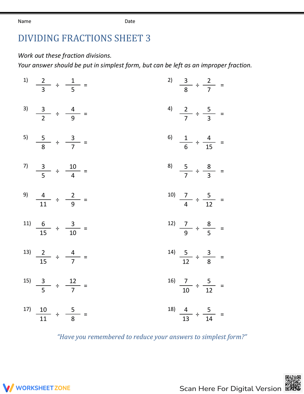 Practice Division of Fractions on This Worksheet - Page 1