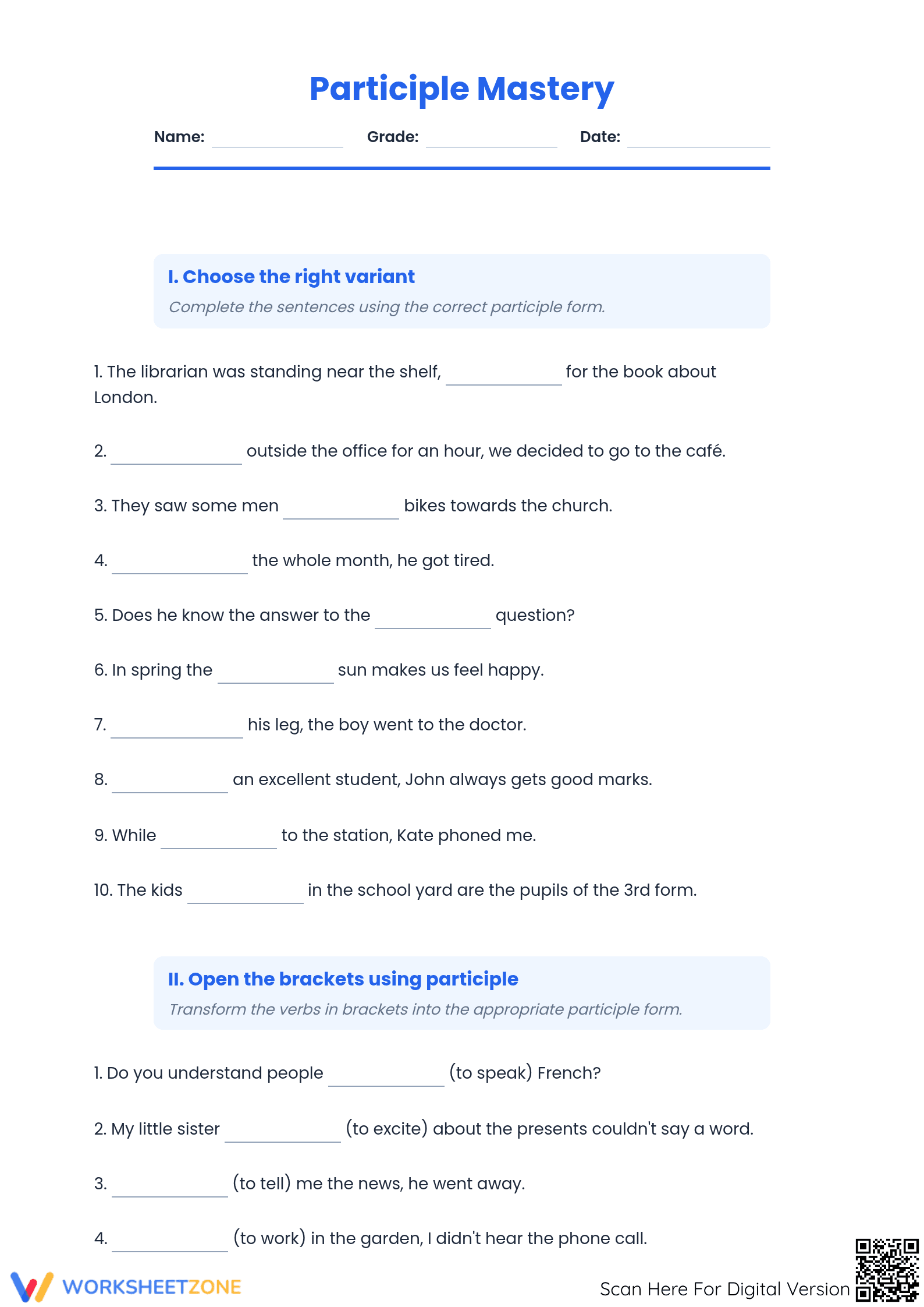 Participles Grammar Practice | Grade 7 Printable - Page 1