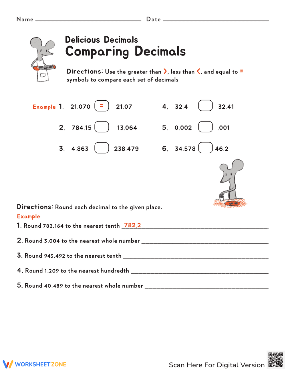 Comparing and Rounding Decimals Worksheet - Page 1
