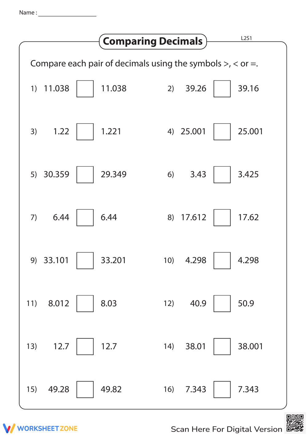 Comparing Decimals Practice Worksheet - Page 1