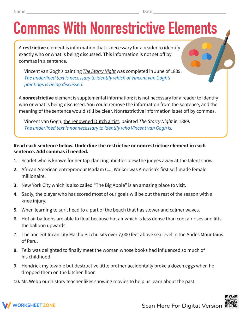 Commas with Nonrestrictive Elements Worksheet - Page 1