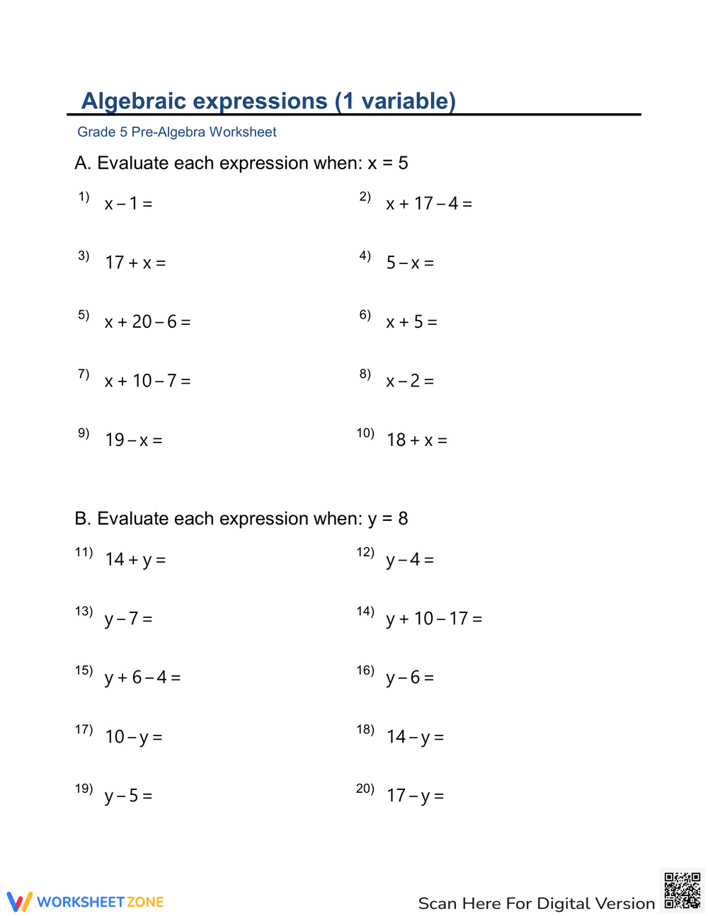 Expressions and Equations Worksheet - Page 1