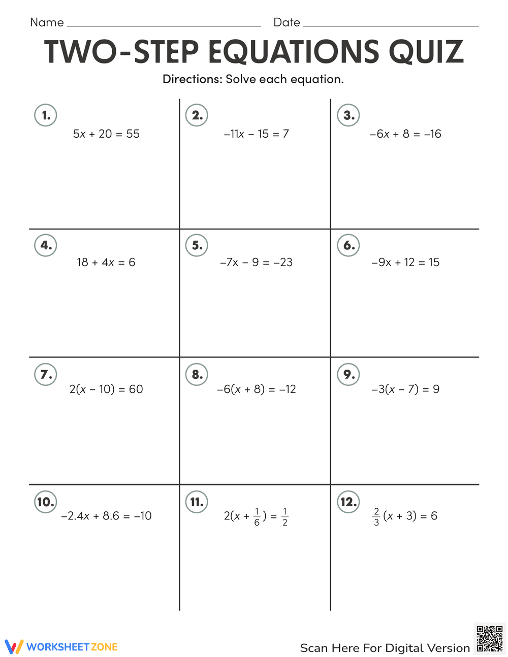Two-Step Equations Quiz - Page 1