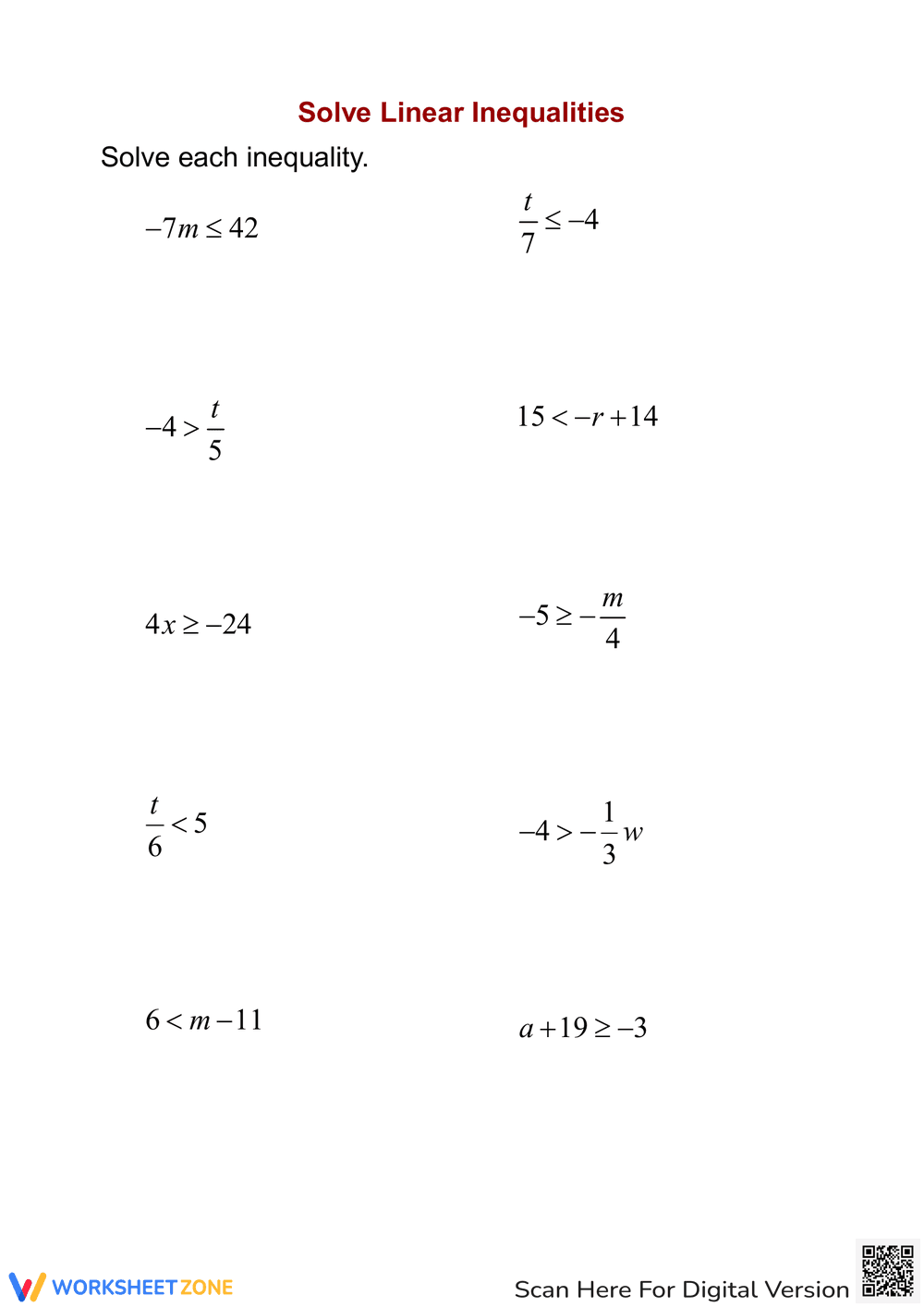 Solving Linear Inequalities Worksheet - Page 1
