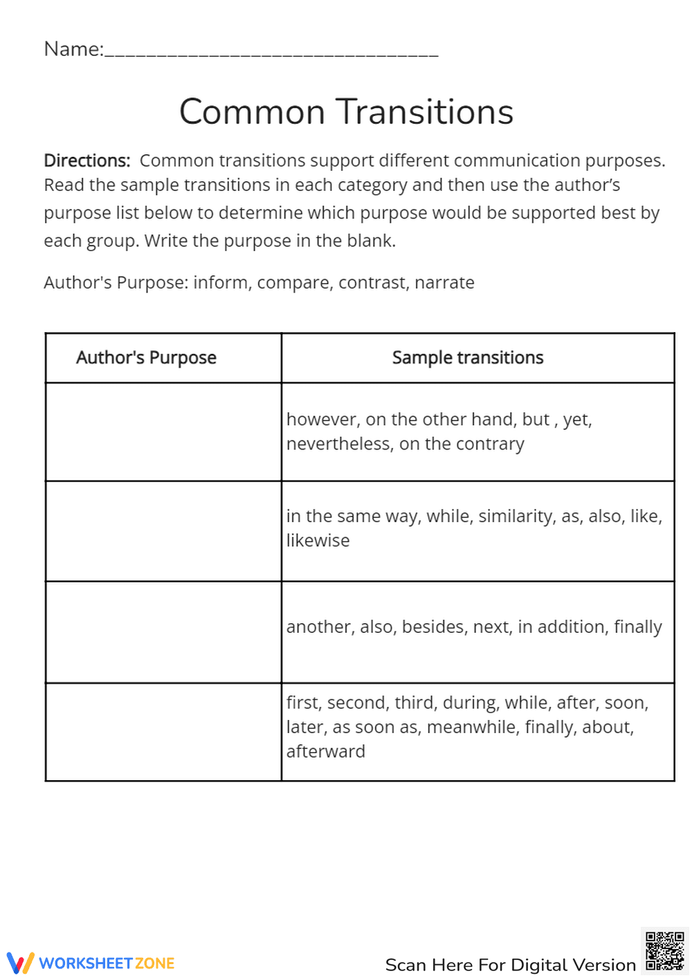Author's Purpose: Identify Transitions Worksheet (Grades 5-7) - Page 1