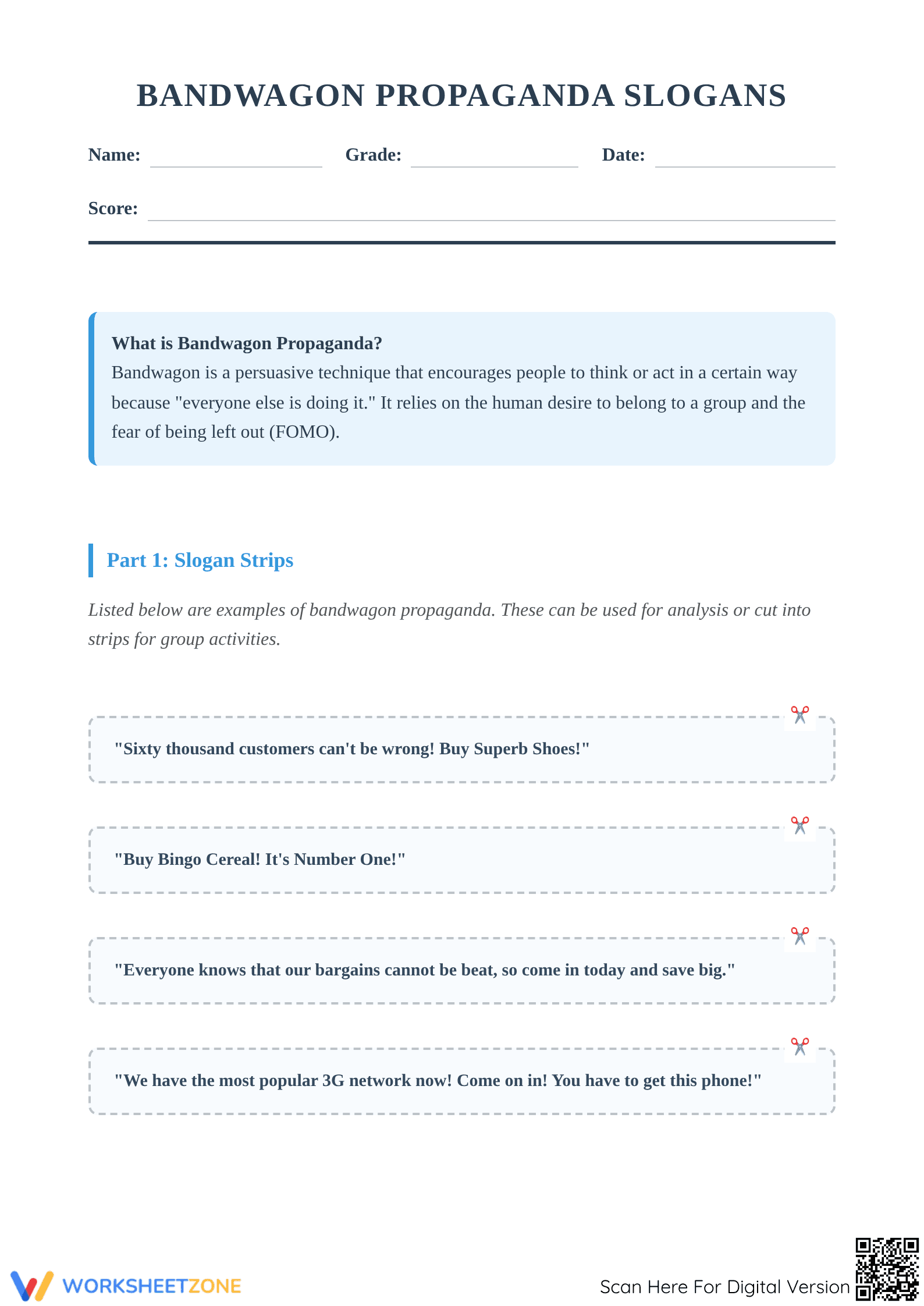 Bandwagon Propaganda Worksheet | Grade 8 ELA Printable - Page 1