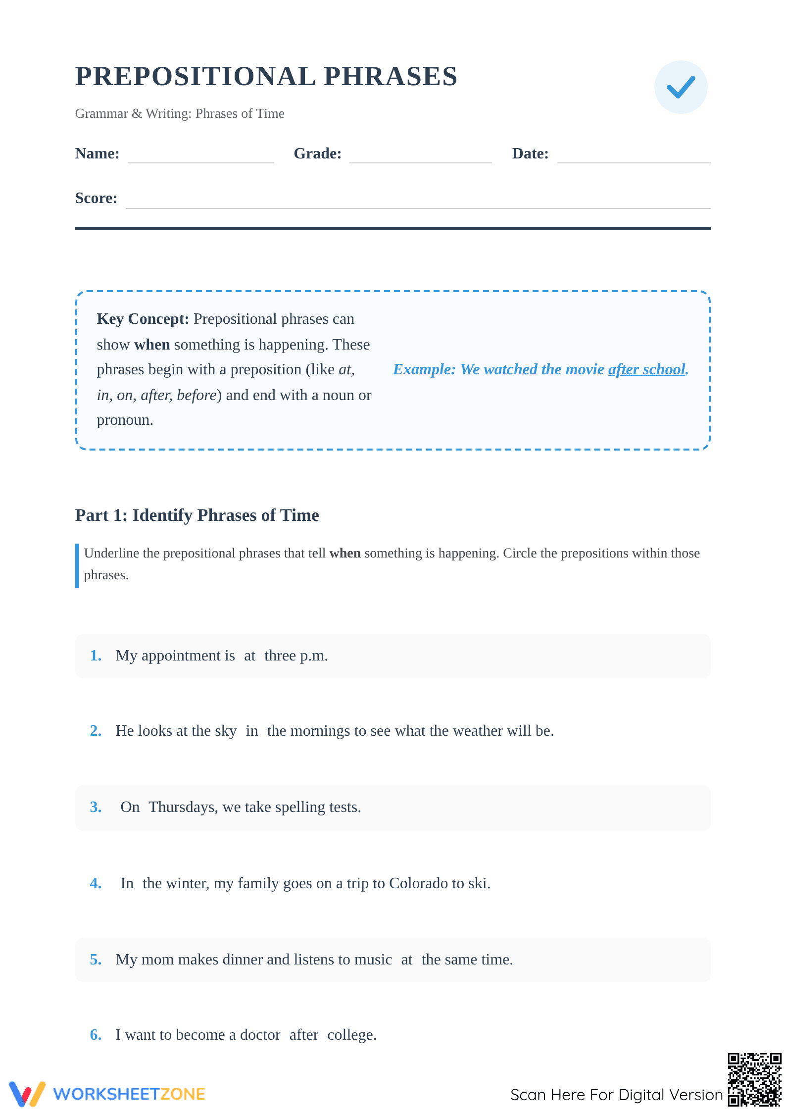 Prepositional Phrases of Time Worksheet | Essential - Page 1