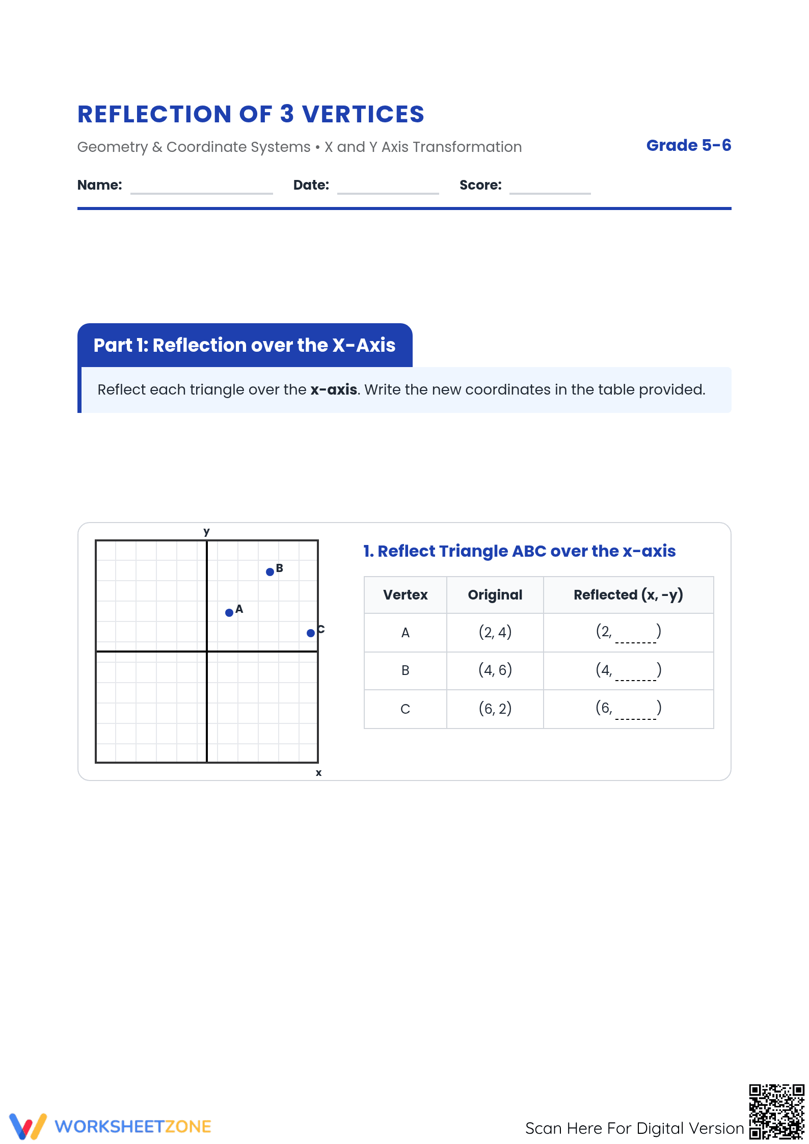 Printable Reflection of 3 Vertices Worksheet | Grade 5-6 - Page 1