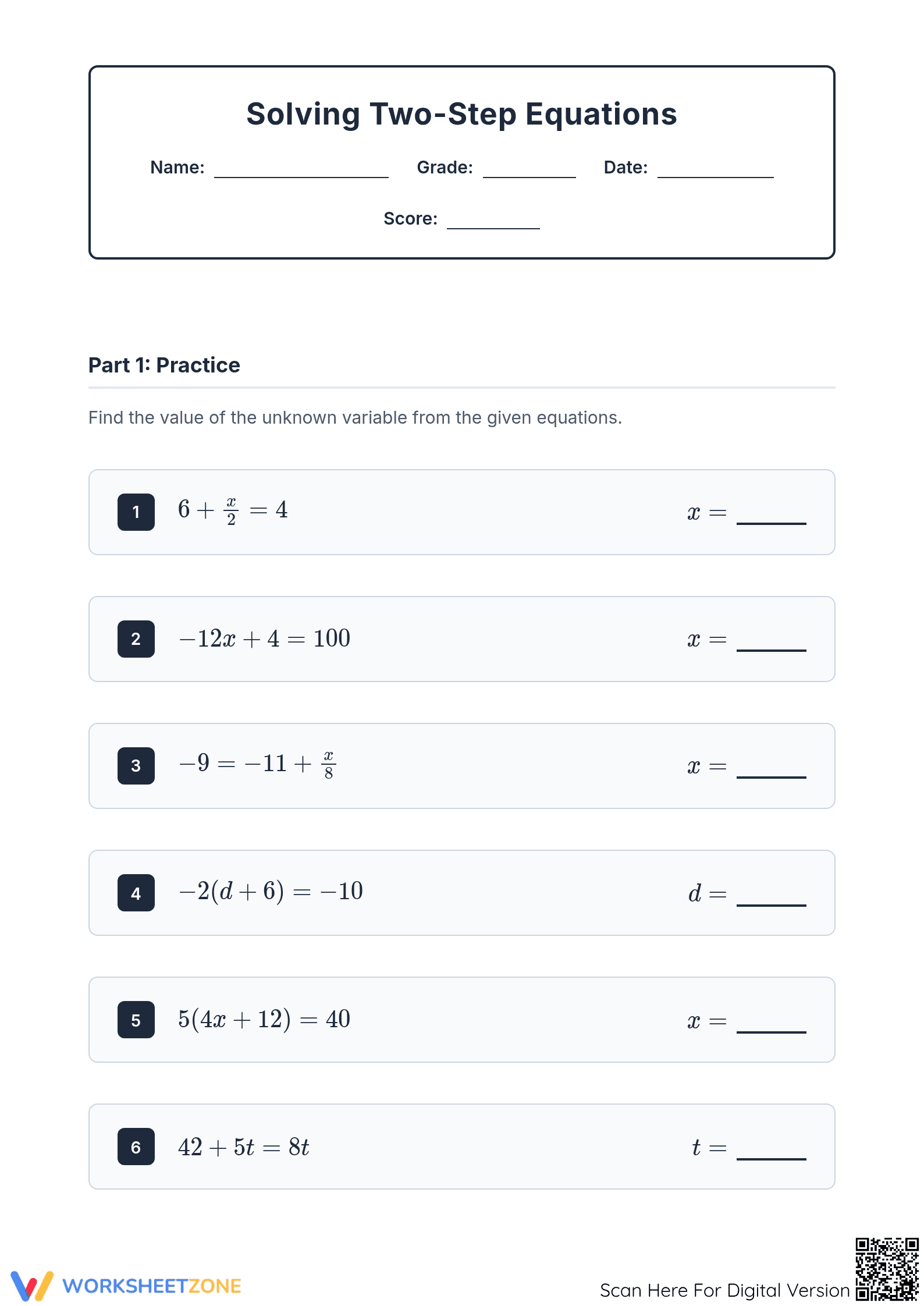 Essential Two-Step Equations Worksheet | Grades 6-8 Math - Page 1
